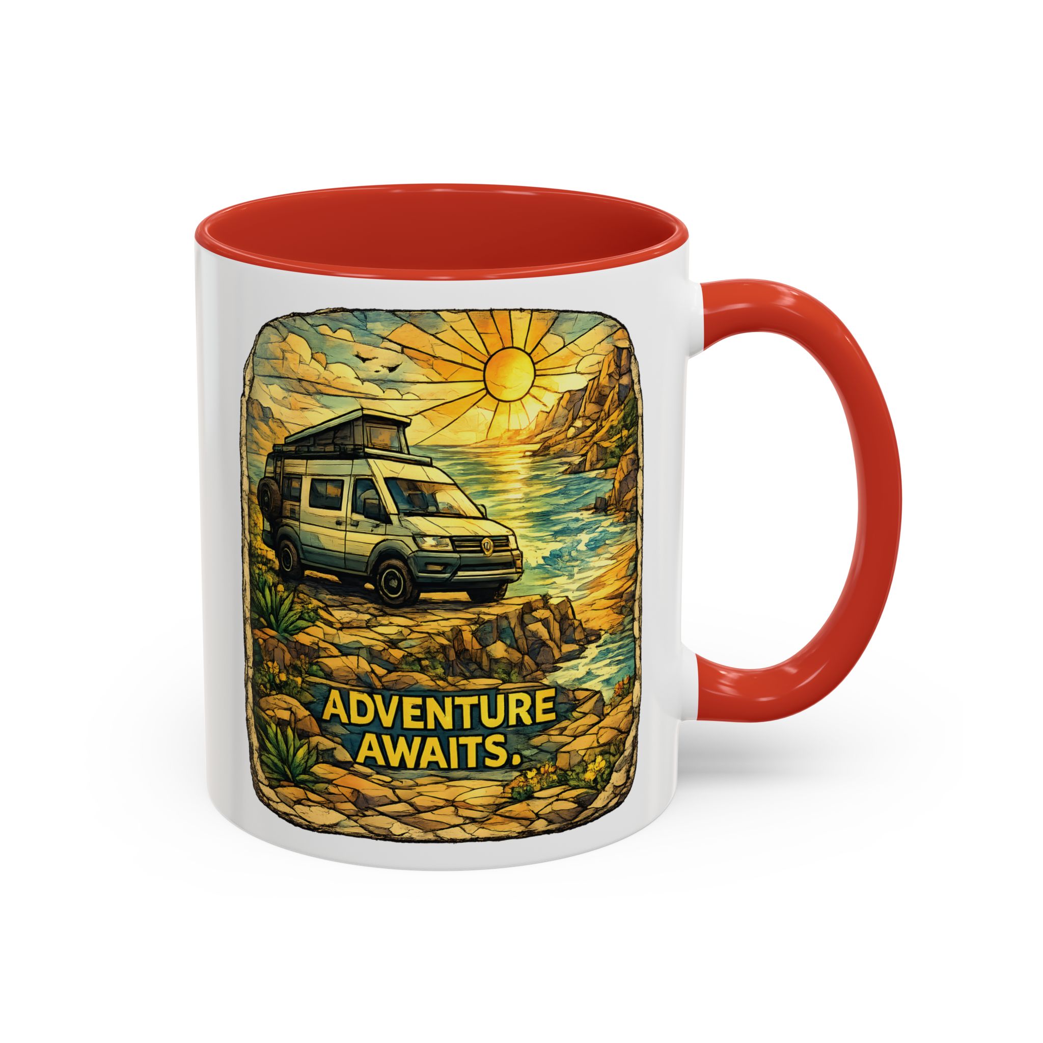 Accent Coffee Mug (11, 15oz) — "Adventure Awaits" Design Cubic-Line