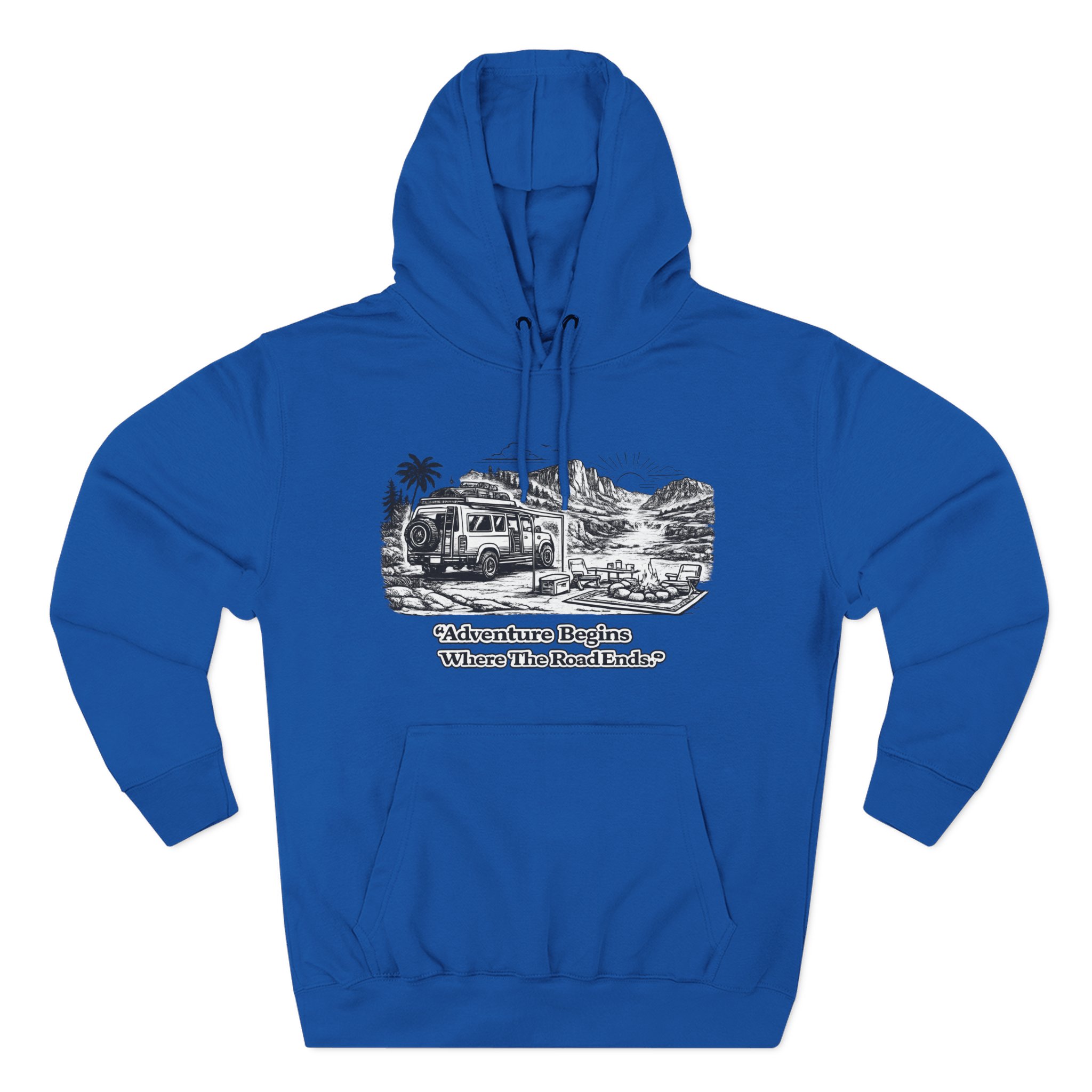 Three-Panel Fleece Hoodie - "Adventure Begins Where The Road Ends" Design Minimal-Line