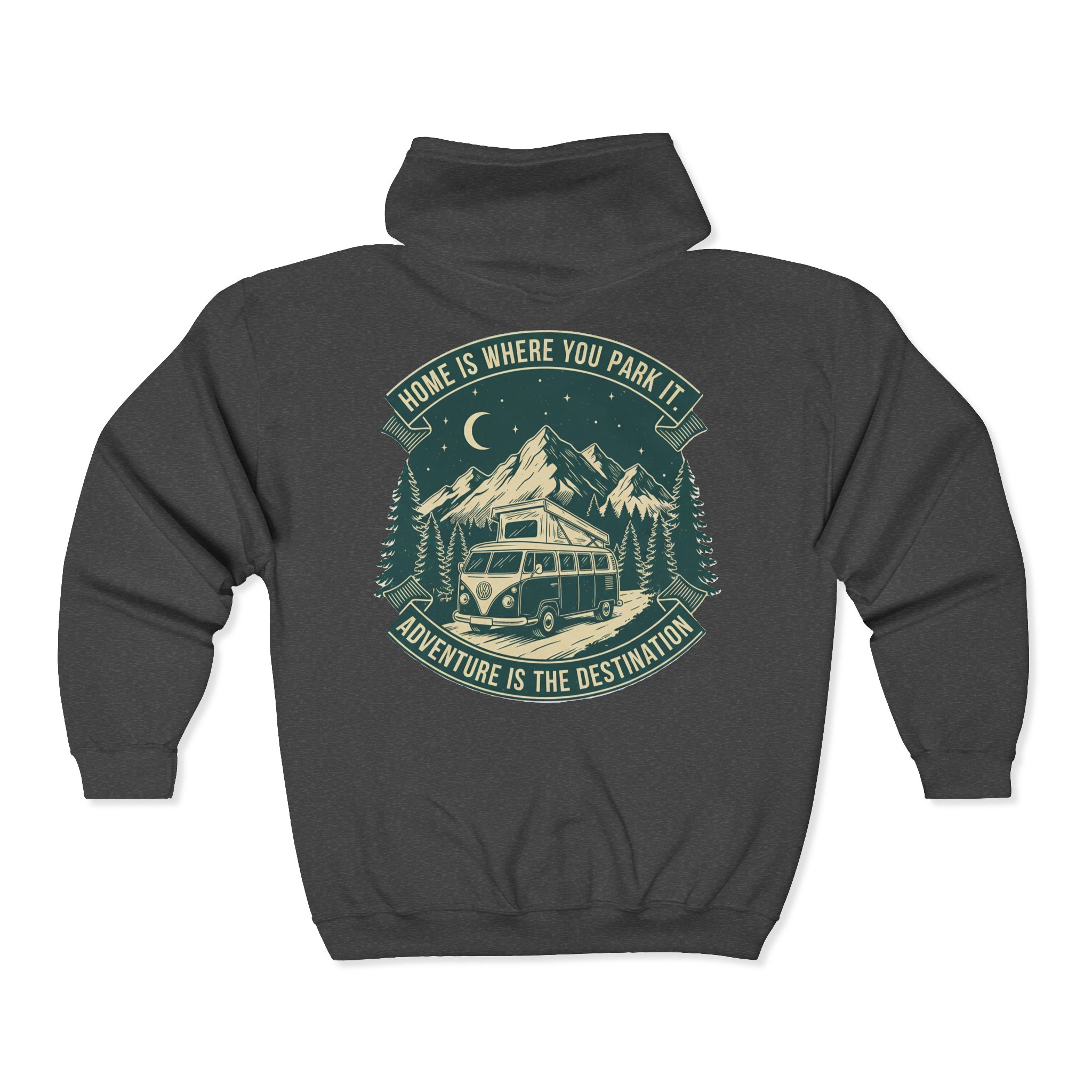 13095829638513047167_2048.jpeg Zip Hoodie — "Home Is Where You Park It-Adventure is the destination"(Only Back Printed) Camper Van Adventure Zip-Up