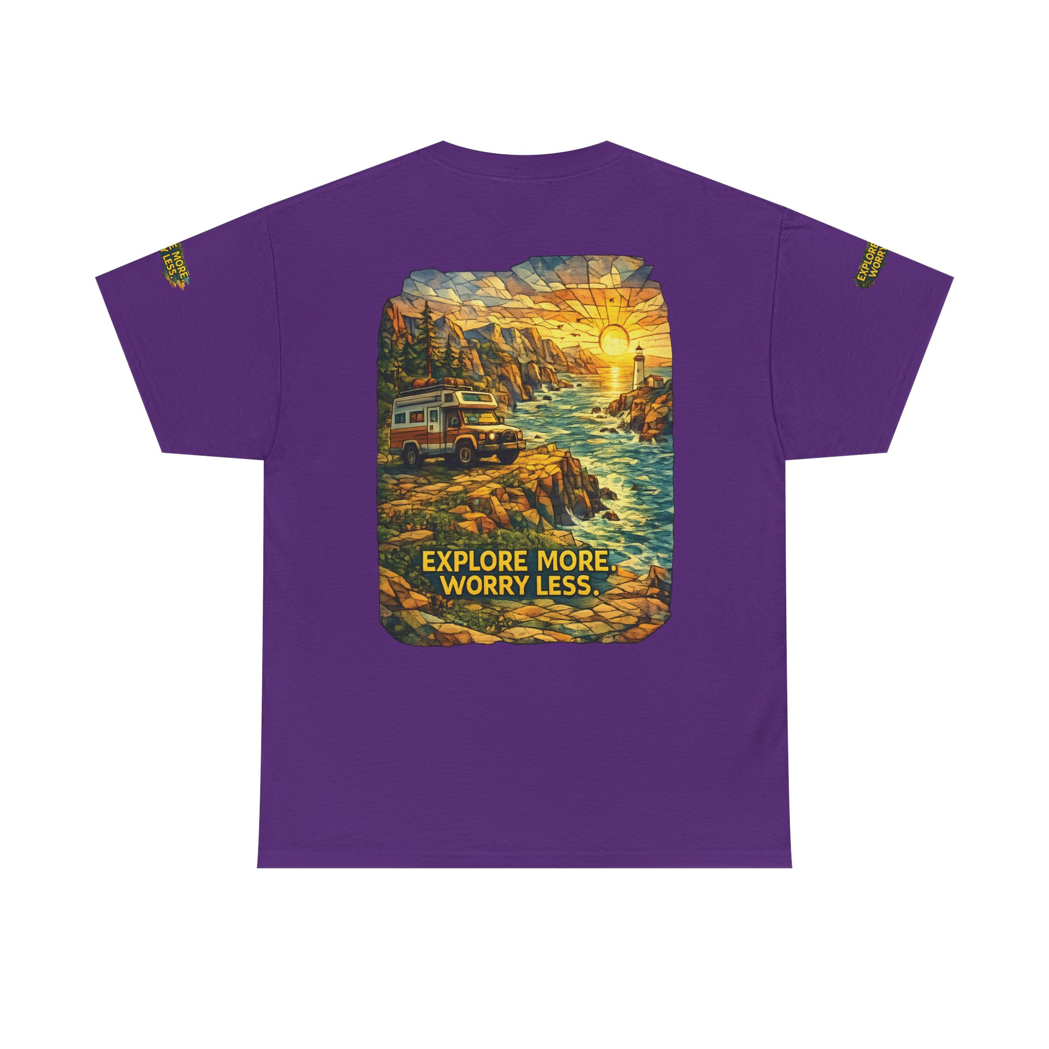 Unisex Heavy Cotton Tee — "Explore More Worry Less" Design Cubic-Line