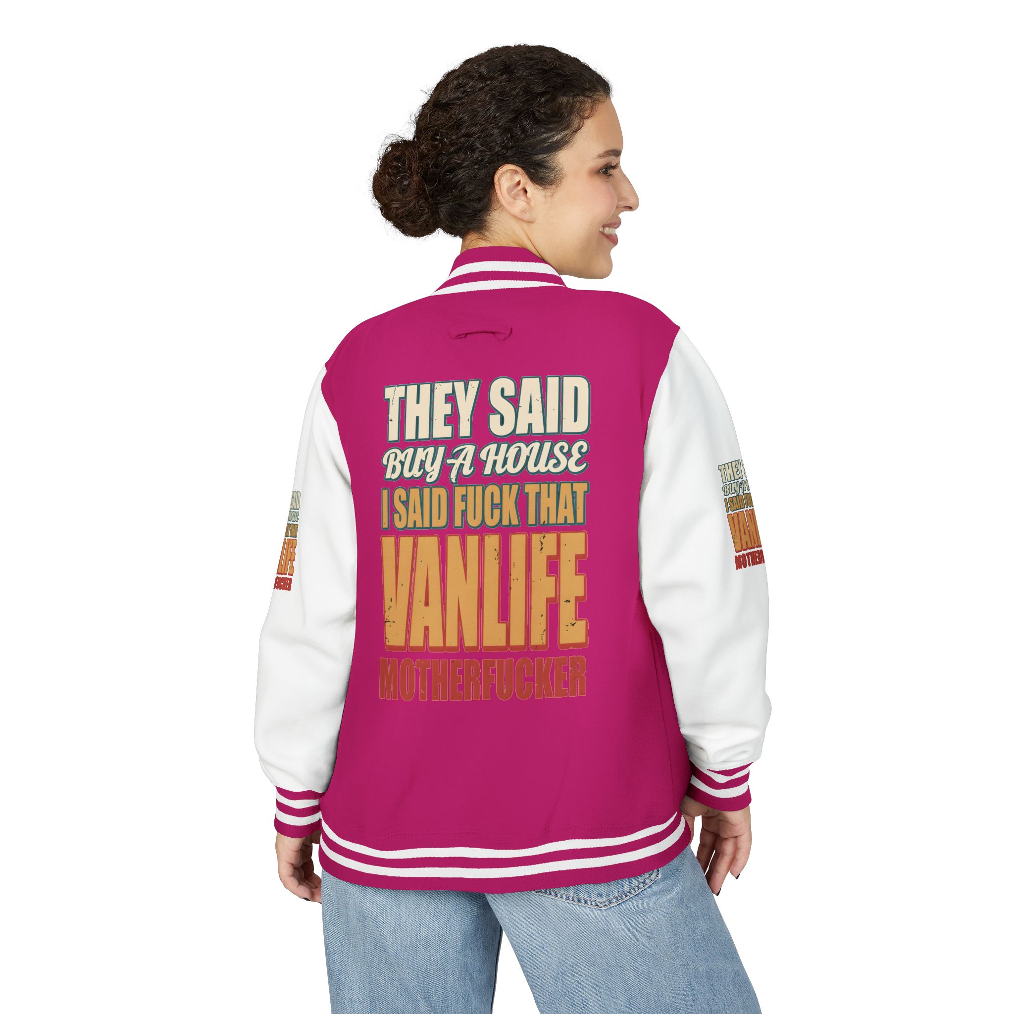 Unisex Heavyweight Letterman Jacket — "They Said Buy A House" Design F**K-Line