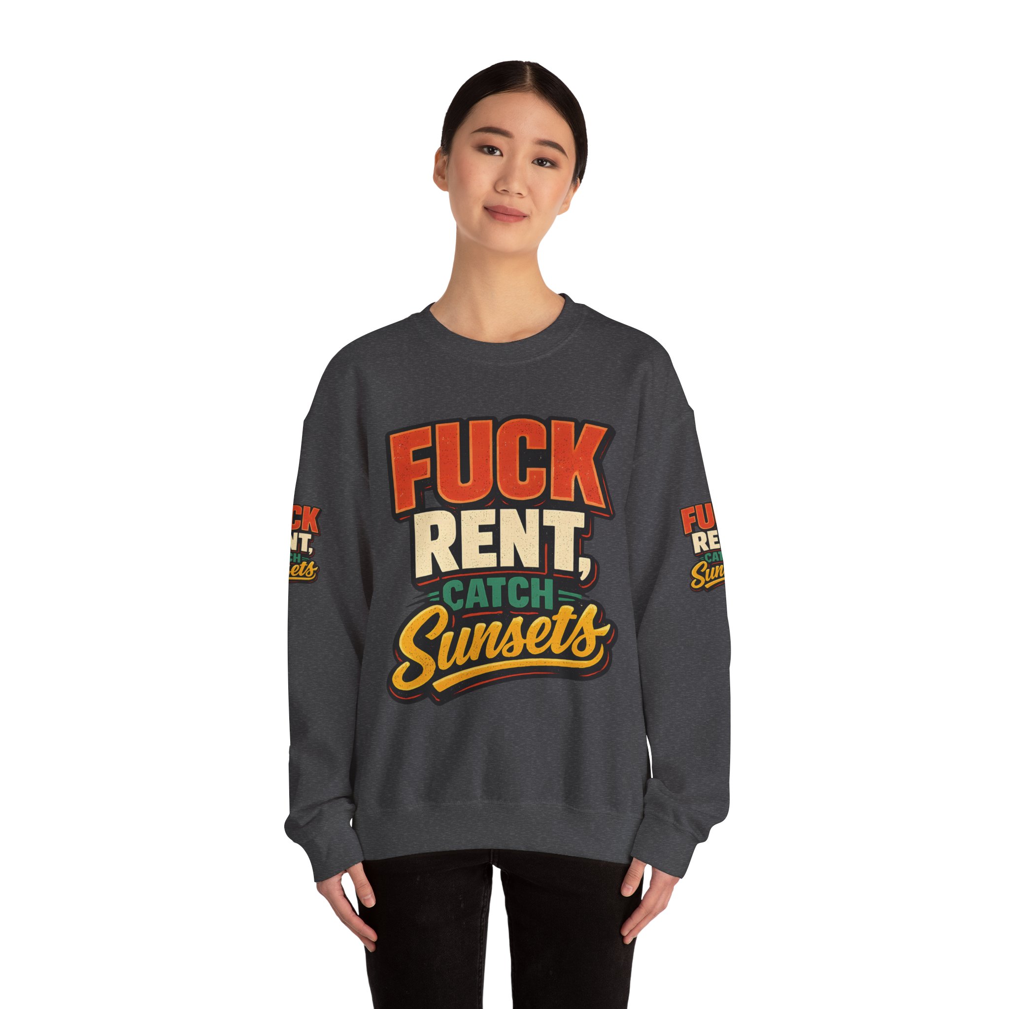 13137013981294596778_2048.jpeg Unisex Heavy Blend™ Crewneck Sweatshirt — "Fuck Rent Catch Sunsets" Design F**K-Line