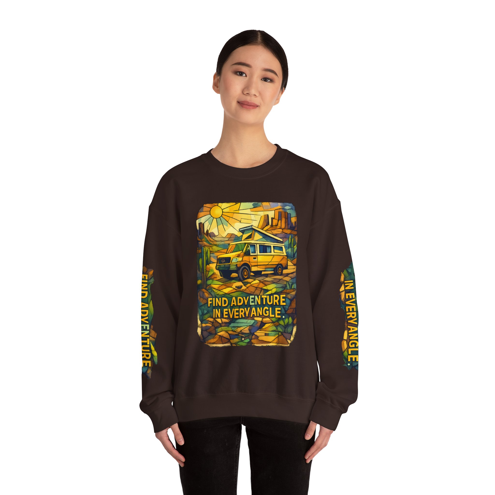Unisex Heavy Blend™ Crewneck Sweatshirt — "Find Adventure In Every Corner" Design Cubic-Line