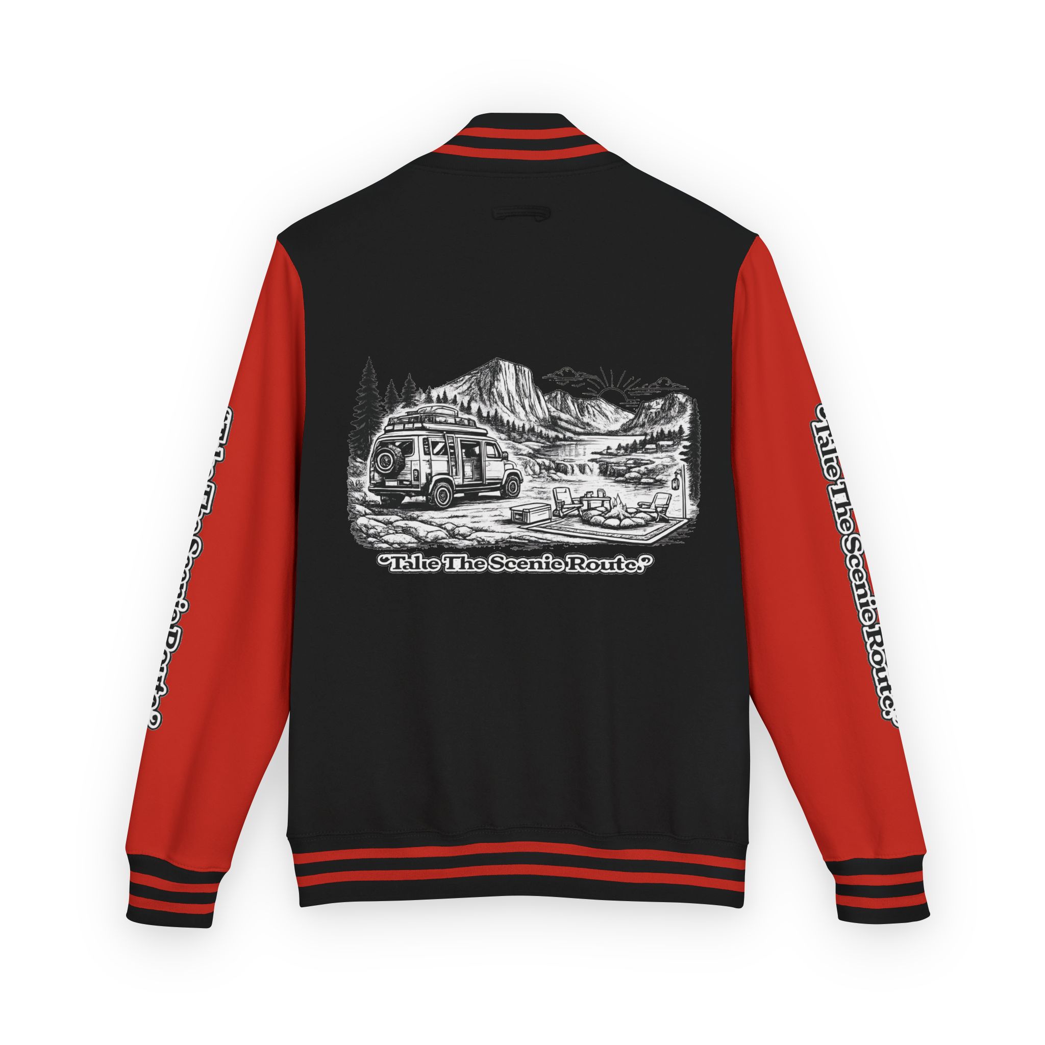 Unisex Heavyweight Letterman Jacket — "Take The Scenic Route" Travel Varsity Coat