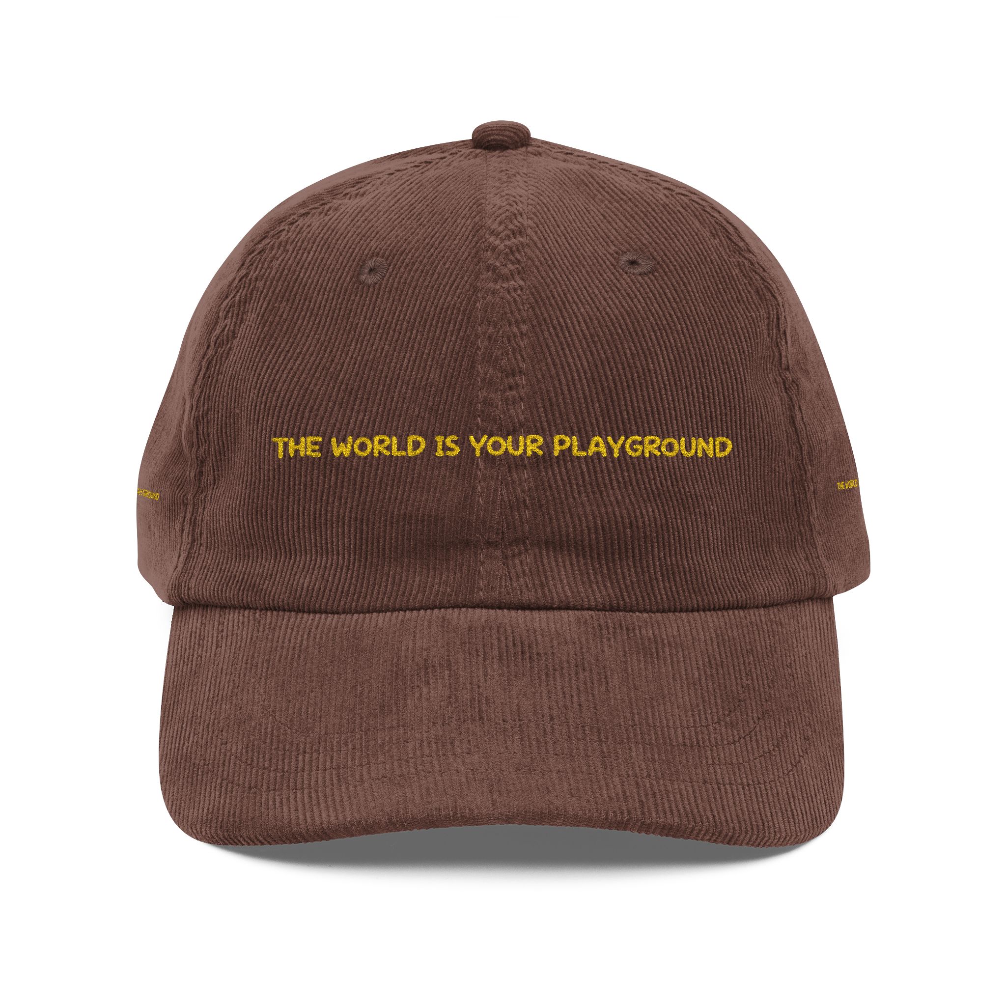Vintage Corduroy Cap (Embroidery) — "The World Is Your Playground" Embroidered Hat