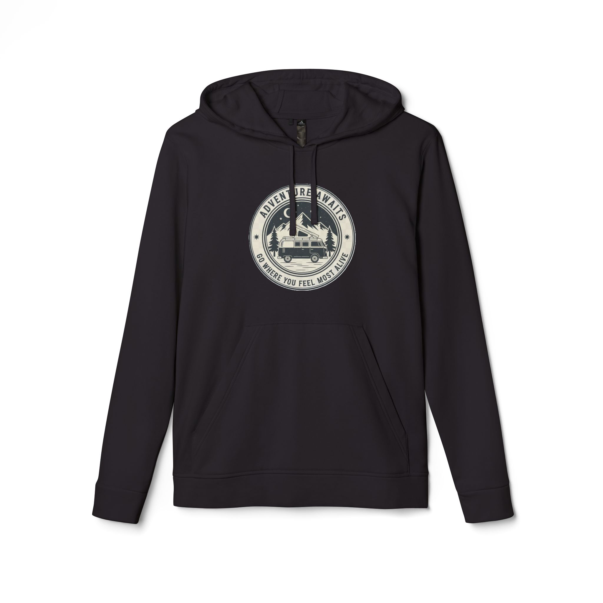 Hoodie(Adidas) — 'Adventure Awaits-Go Where You Feel Most Alive' Outdoor Travel Pullover (Only Front Printed)