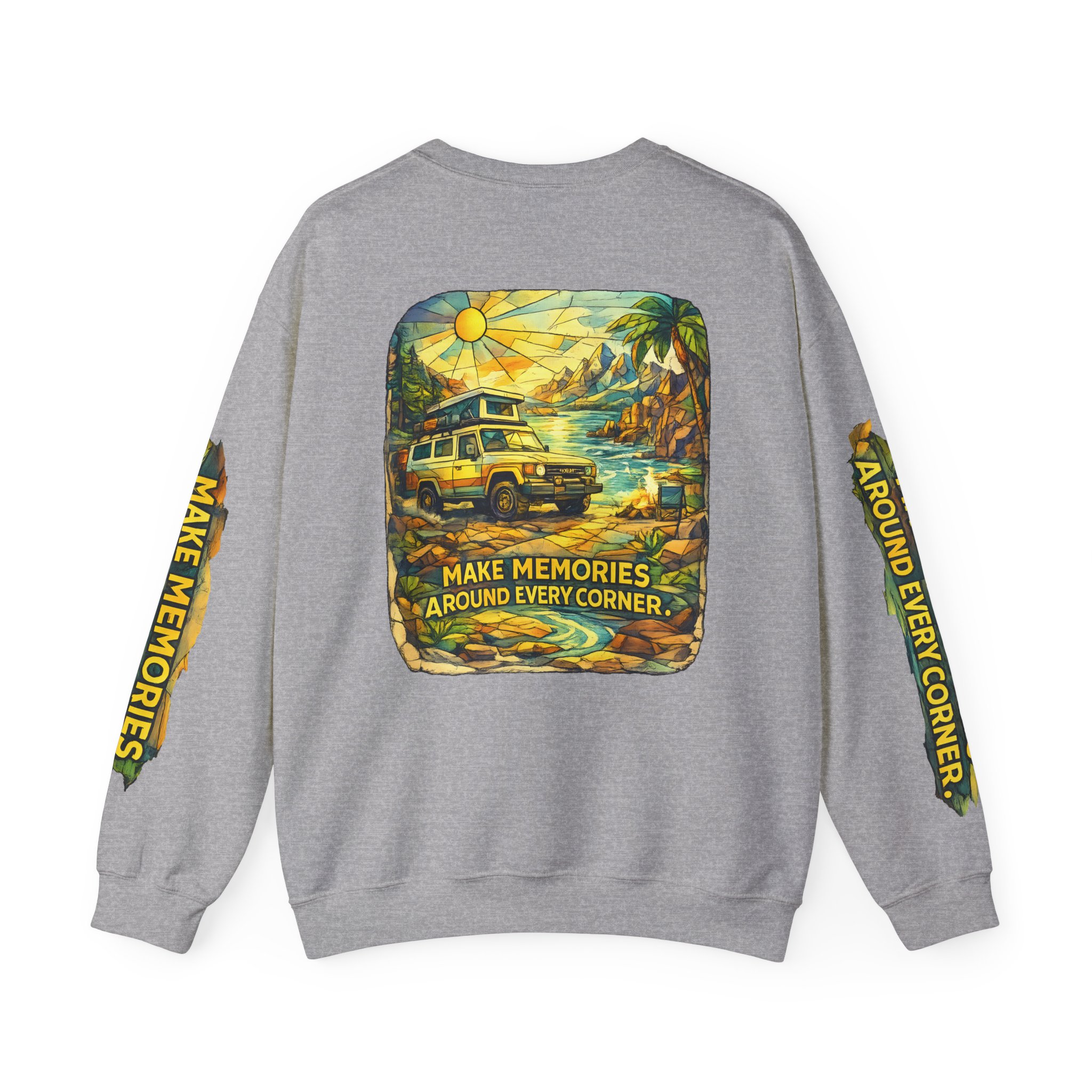 Unisex Heavy Blend™ Crewneck Sweatshirt — "Make Memories Around Every Corner" Design Cubic-Line