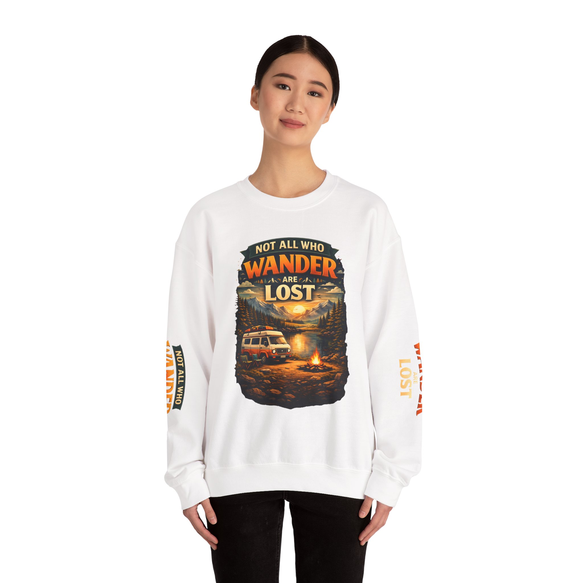 Unisex Heavy Blend™ Crewneck Sweatshirt — "Not All Who Wander Are Lost" Design Scenic-Line
