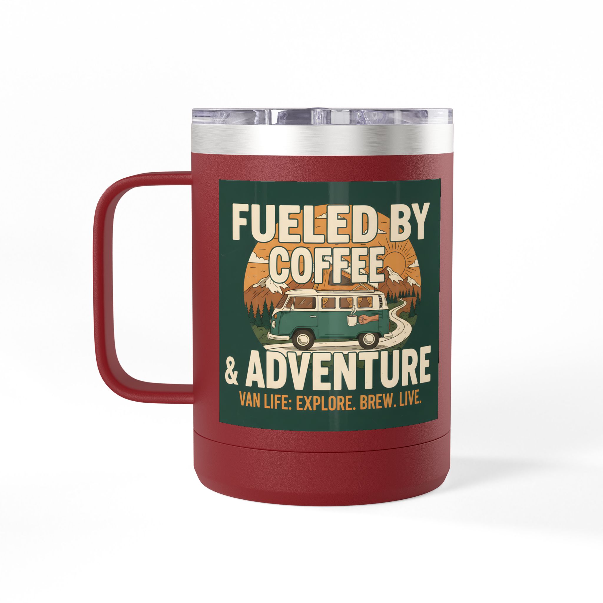 Coffee Mug Tumbler, 15oz — "Fueled by Coffee & Adventure"