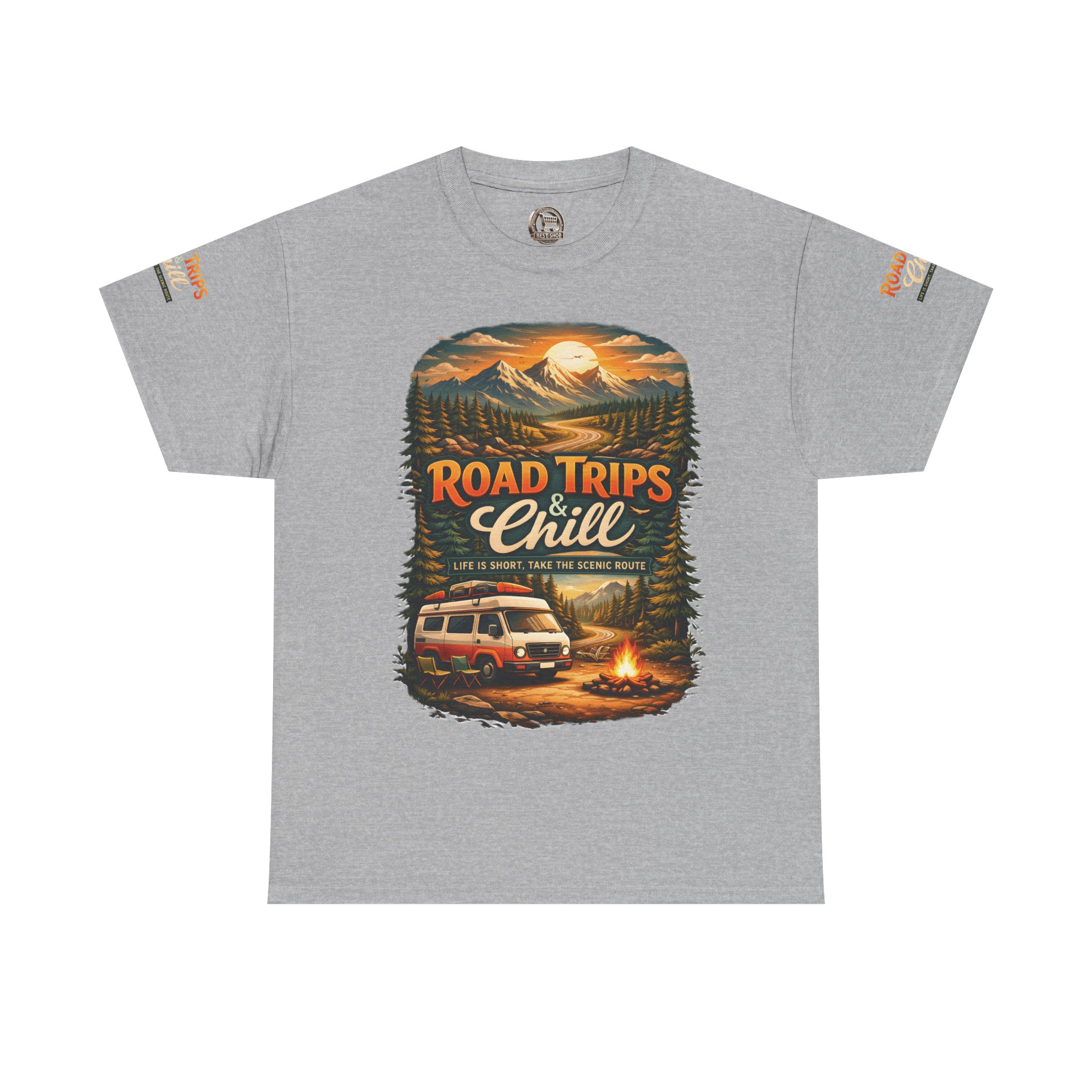 Unisex Heavy Cotton Tee — "Road Trips & Chill" Design Scenic-Line