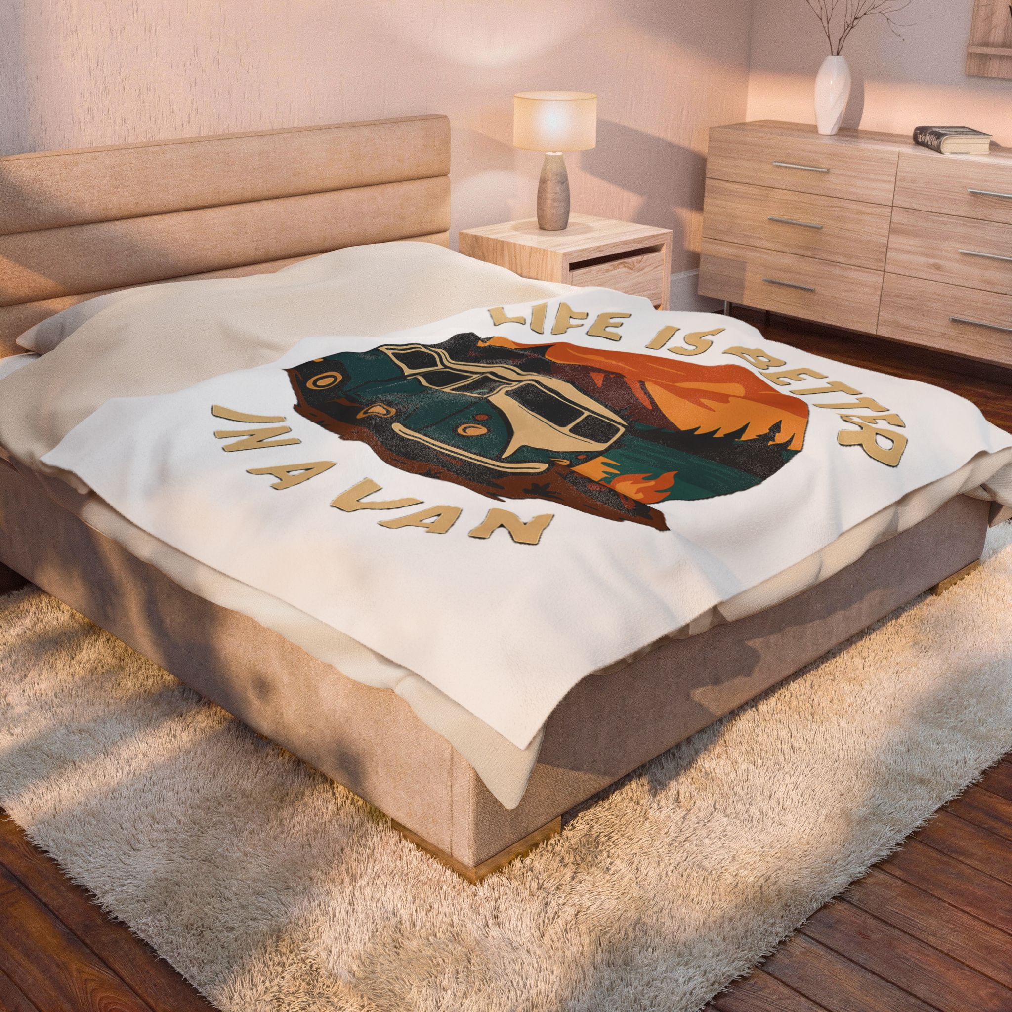 Velveteen Plush Blanket – "Life Is Better In A Van" Retro Campervan Camping Throw
