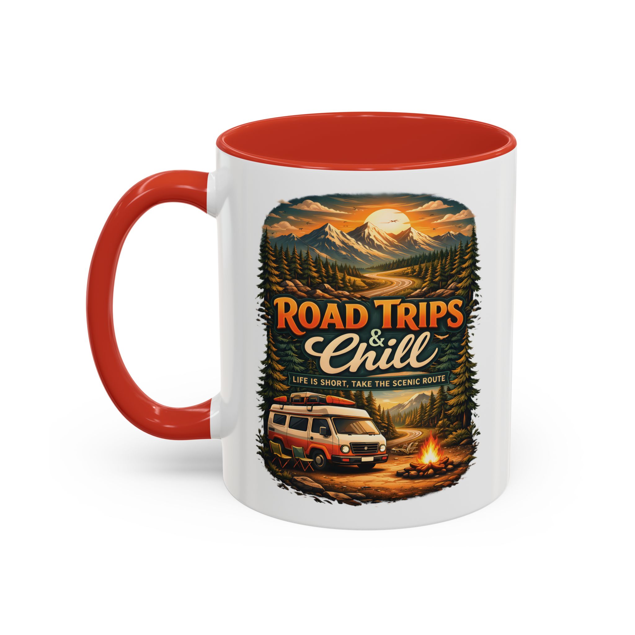 Accent Coffee Mug (11, 15oz) — "Road Trips & Chill" Design Scenic-Line