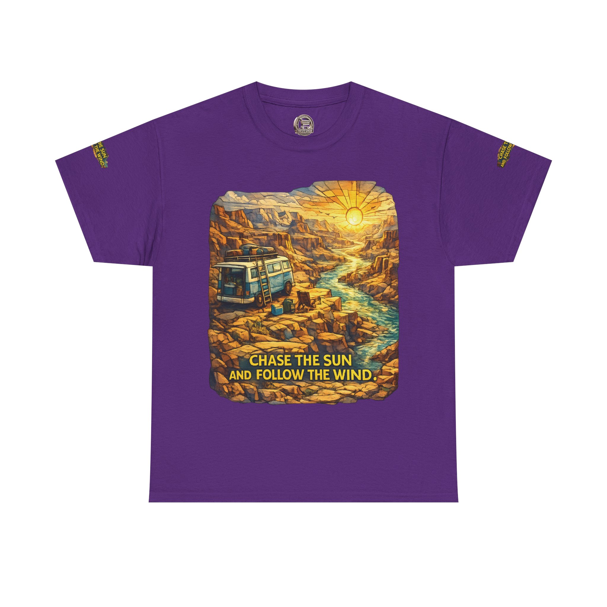 13189816501101548695_2048.jpeg Unisex Heavy Cotton Tee — "Chase The Sun And Follow The Wind" Design Cubic-Line