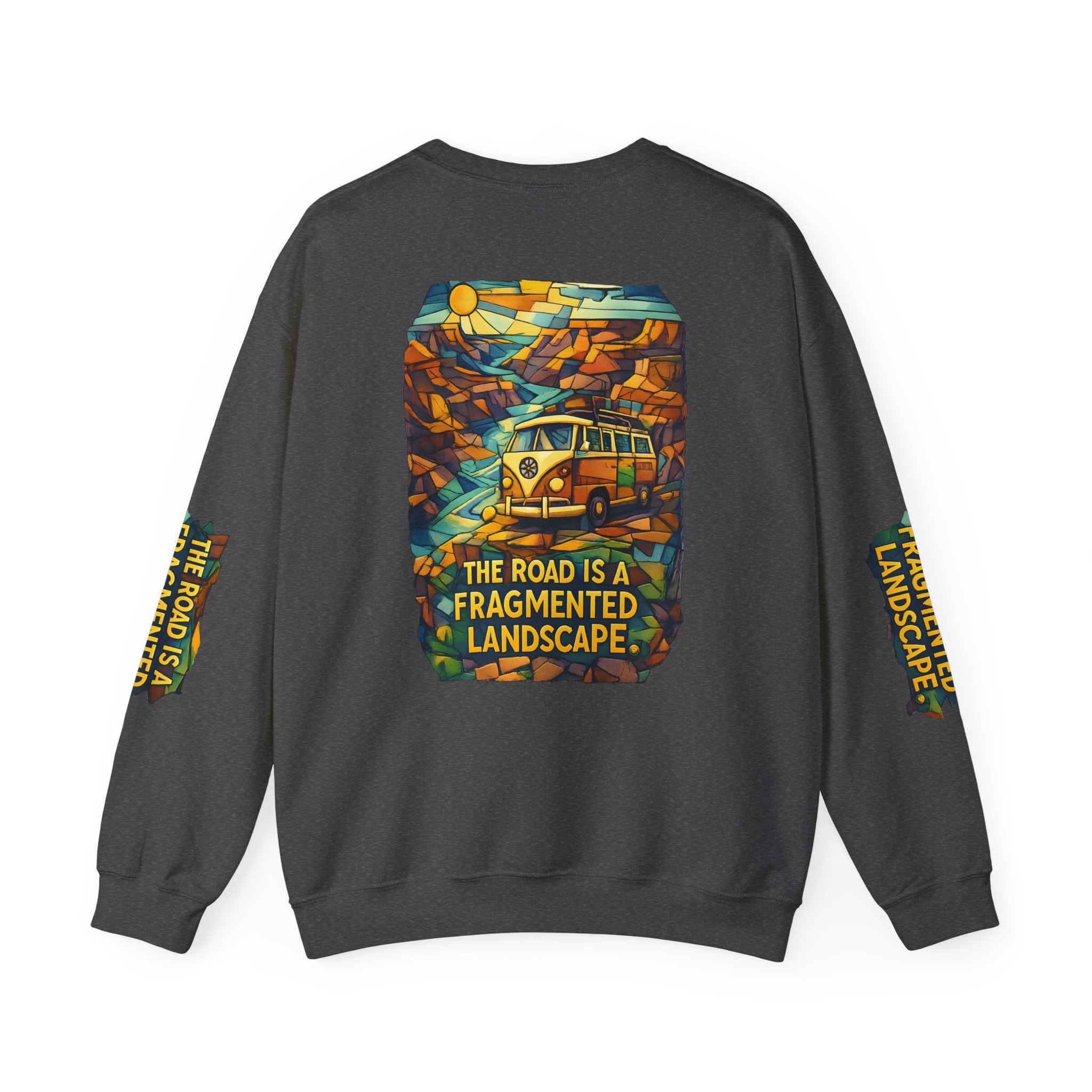 Unisex Heavy Blend™ Crewneck Sweatshirt — "The Road Is A Fragmented Landscape" Design Cubic-Line