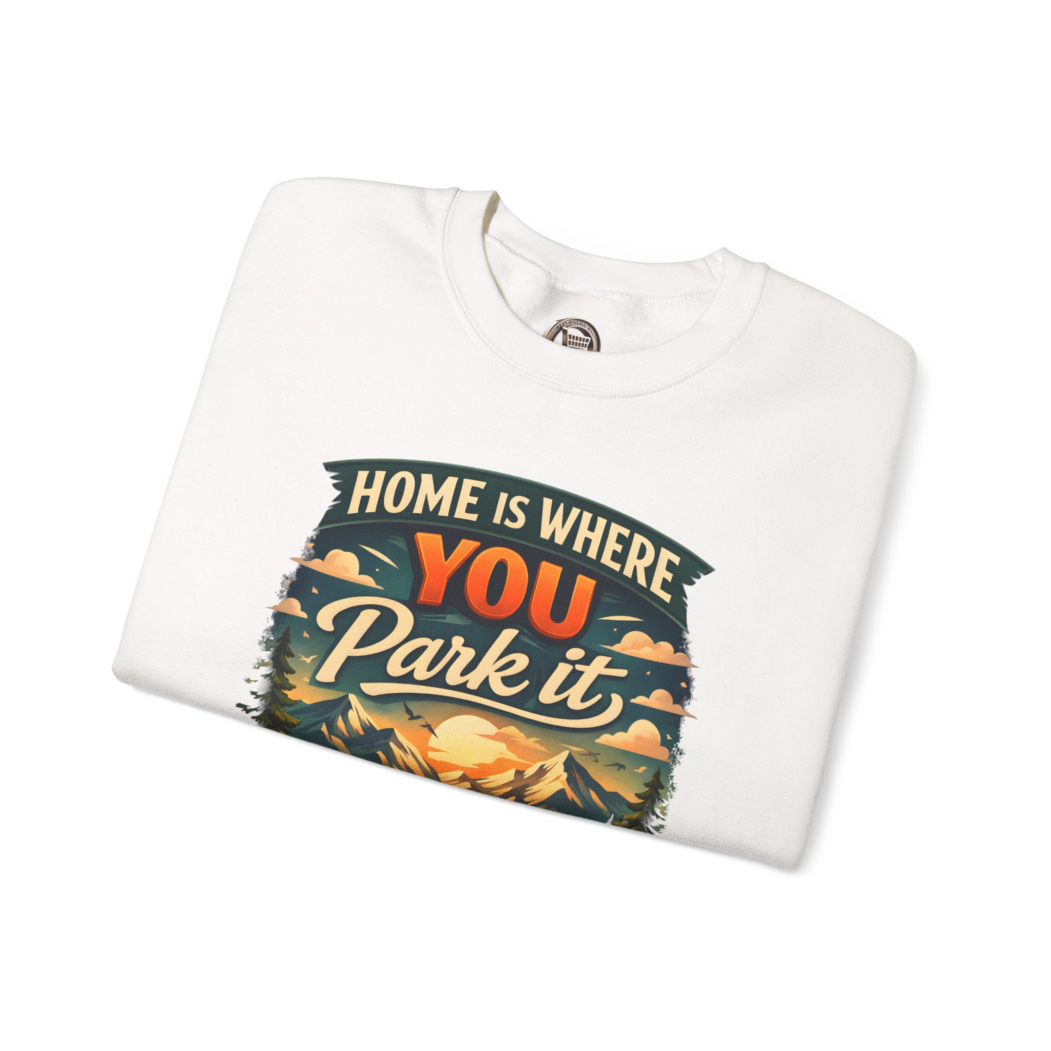 Unisex Heavy Blend™ Crewneck Sweatshirt — "Home Is Where You Park It" Design Scenic-Line
