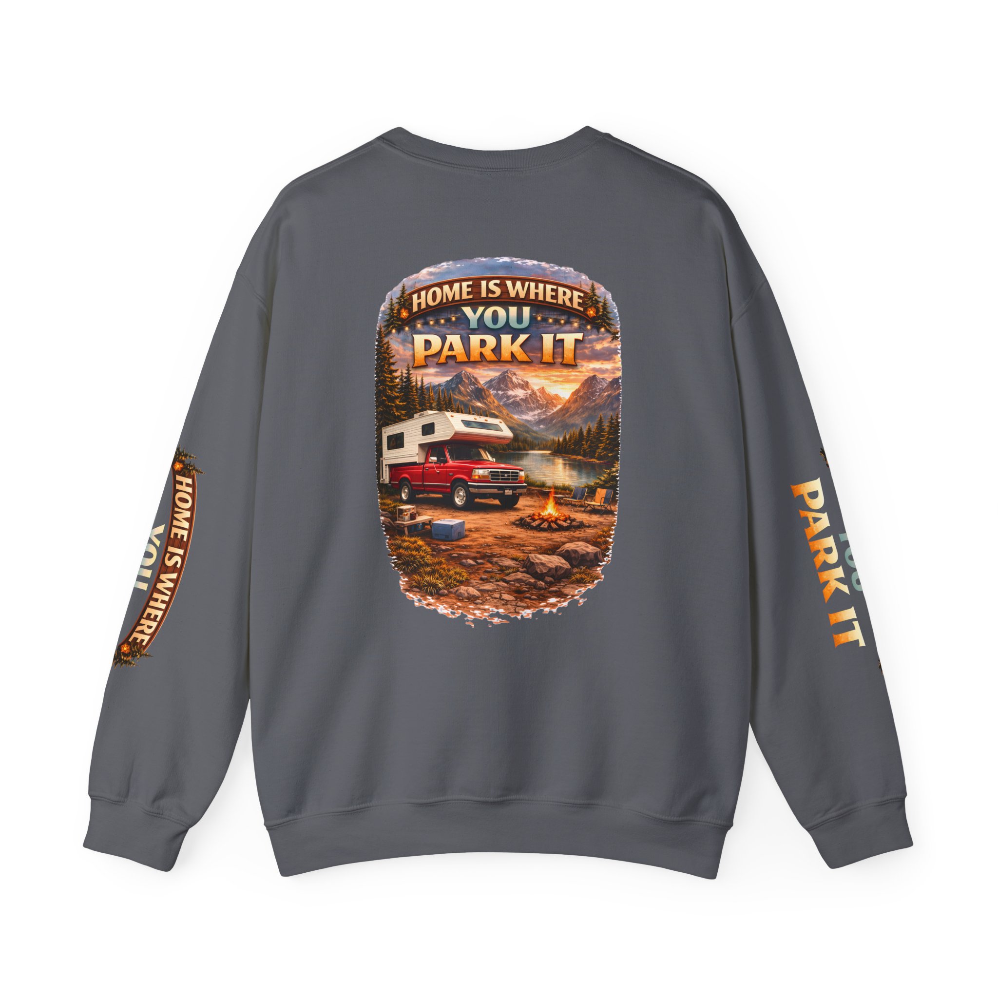 Unisex Heavy Blend™ Crewneck Sweatshirt — "Home Is Where You Park It" Design Scenic-Line