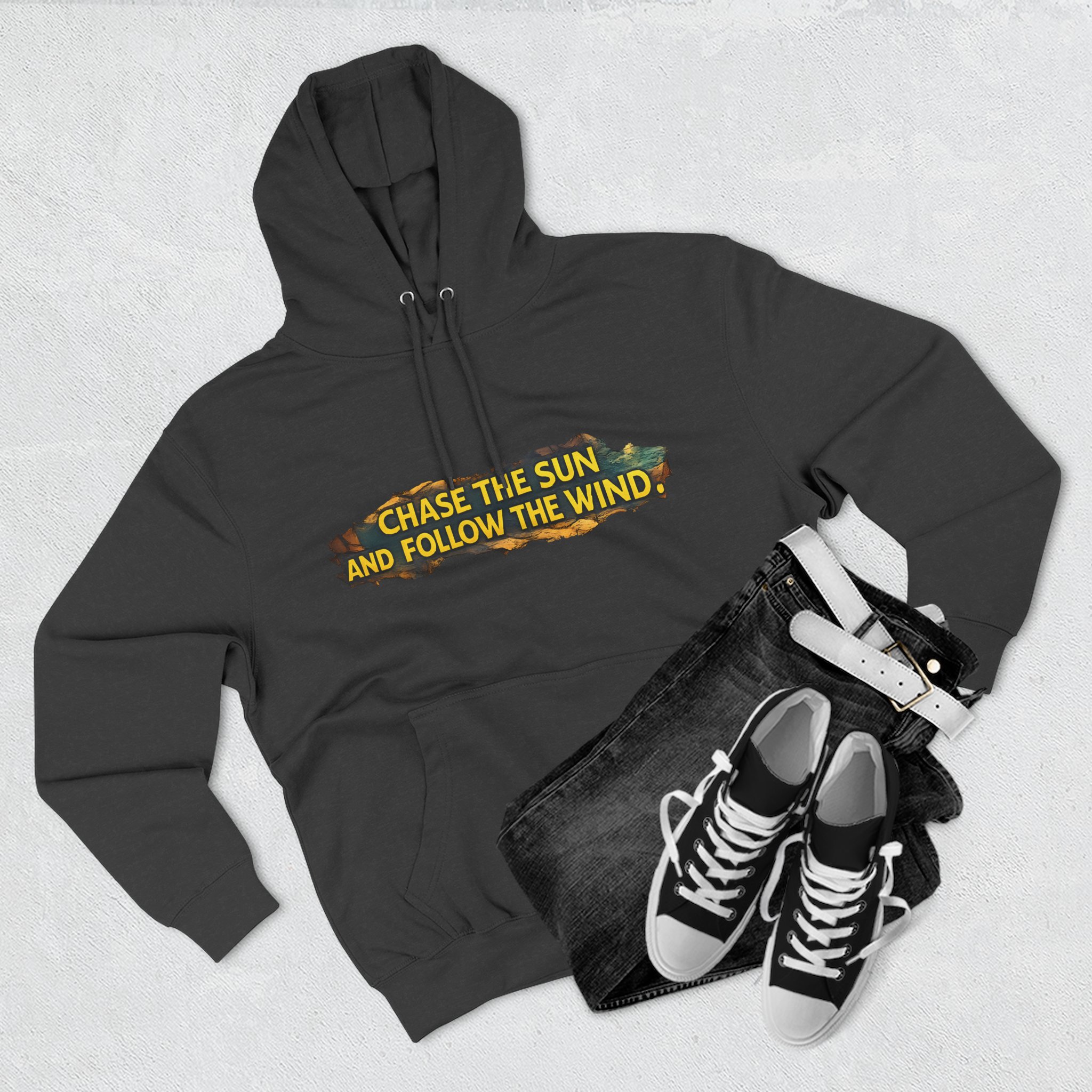 Three-Panel Fleece Hoodie - "Chase The Sun And Follow The Wind" Design Cubic-Line