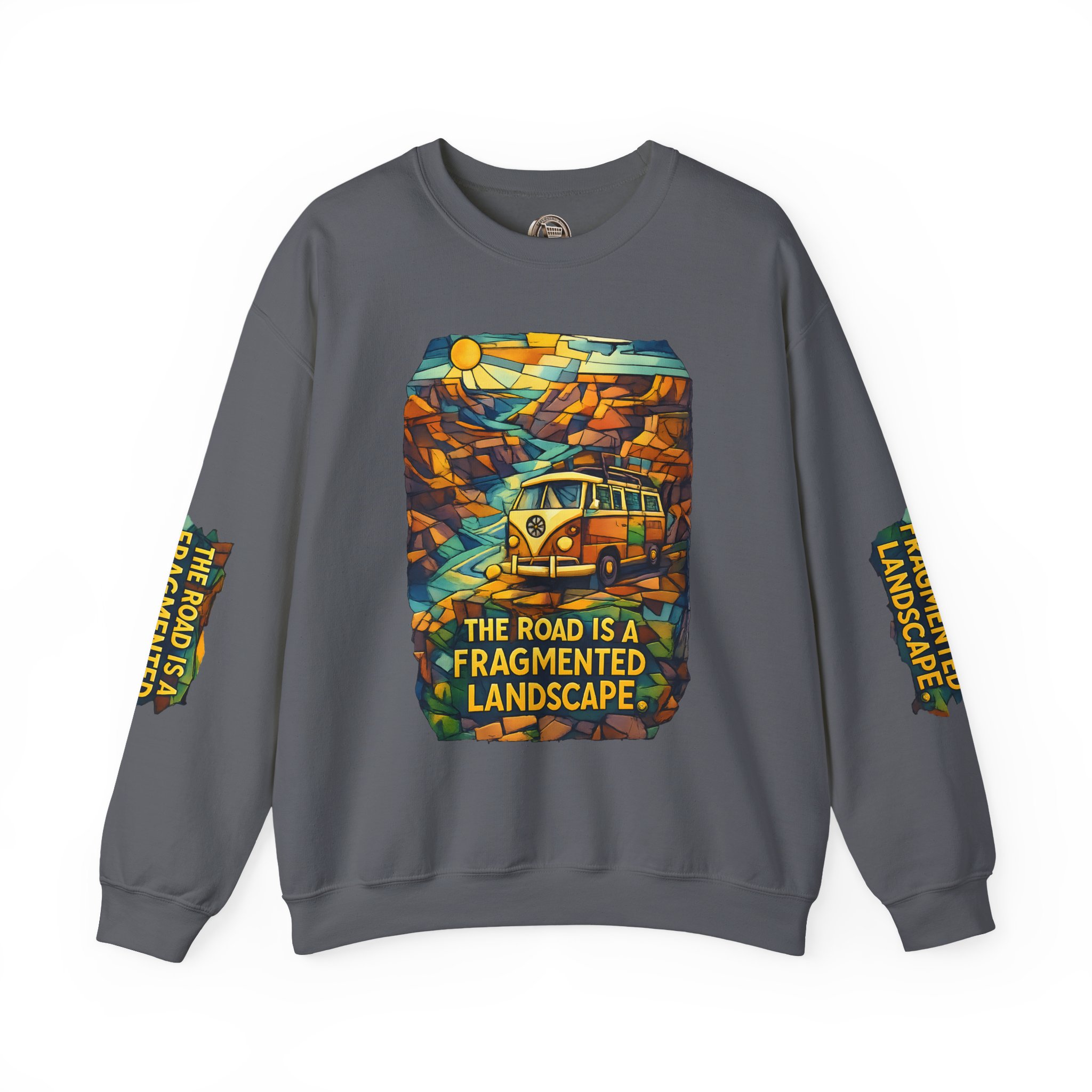 Unisex Heavy Blend™ Crewneck Sweatshirt — "The Road Is A Fragmented Landscape" Design Cubic-Line