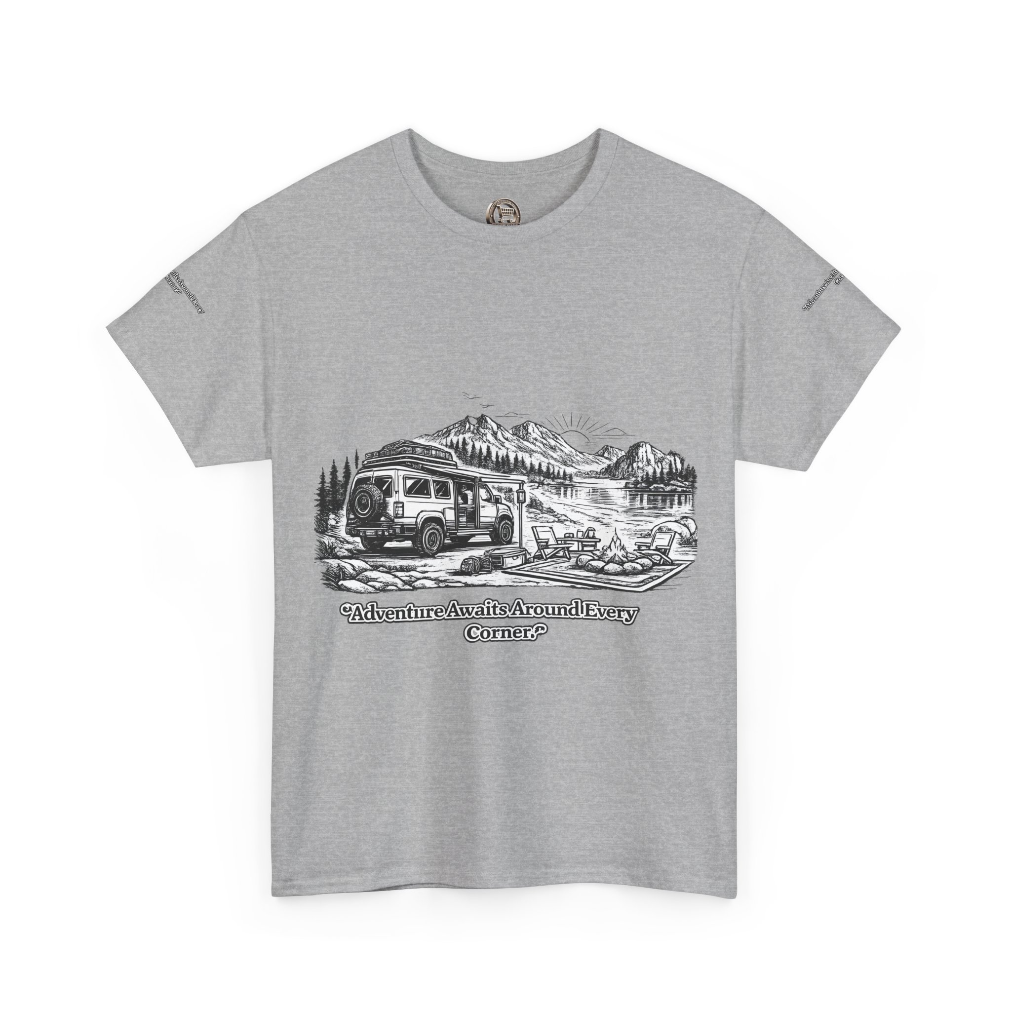 Unisex Heavy Cotton Tee — "Adventure Awaits Around Every Corner" Design Minimal-Line