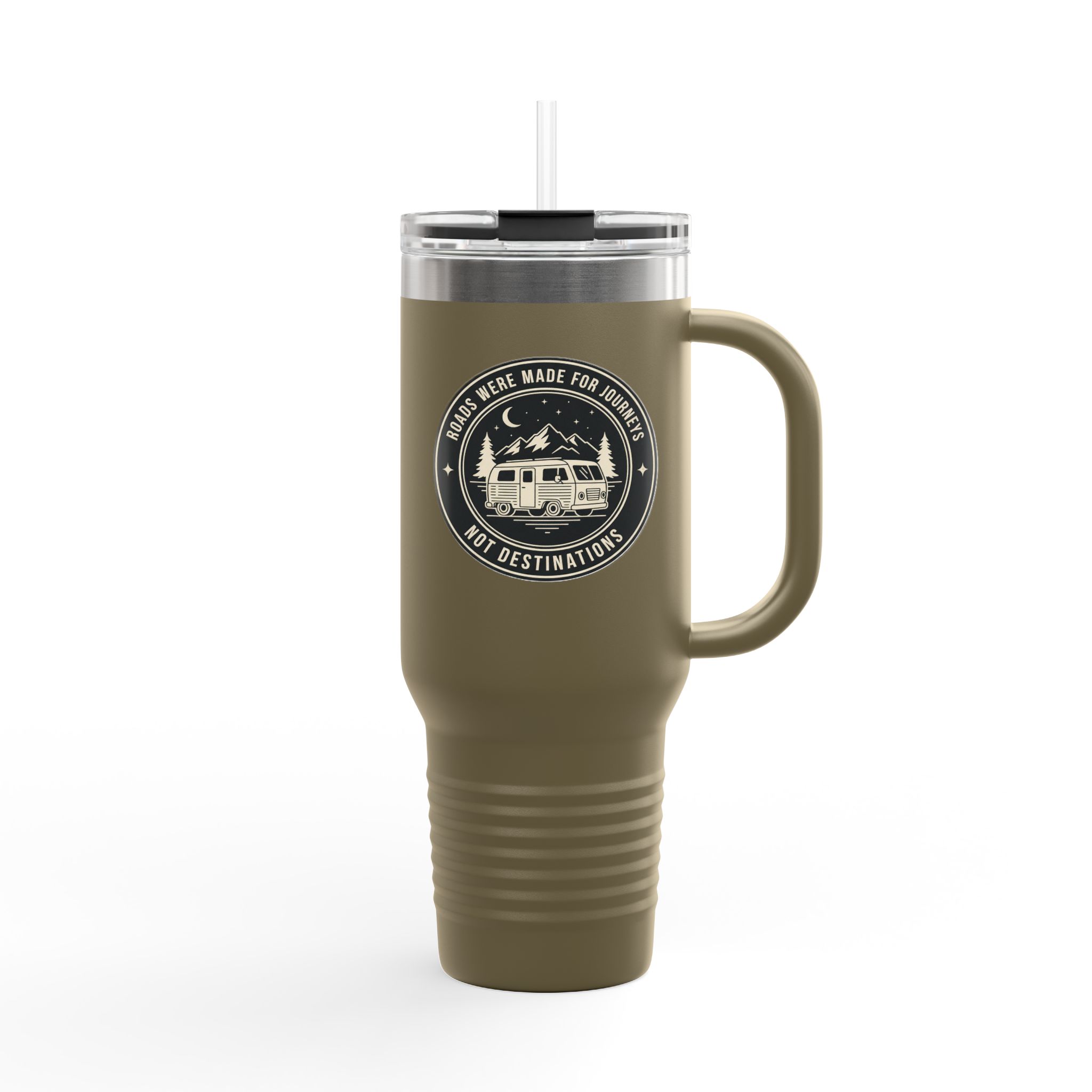Insulated Travel Mug -'ROAD WHERE MADE FOR JOURNEYS-NOT DESTINATIONS' (40oz ) – Retro Camper Design, Keep Drinks Hot or Cold