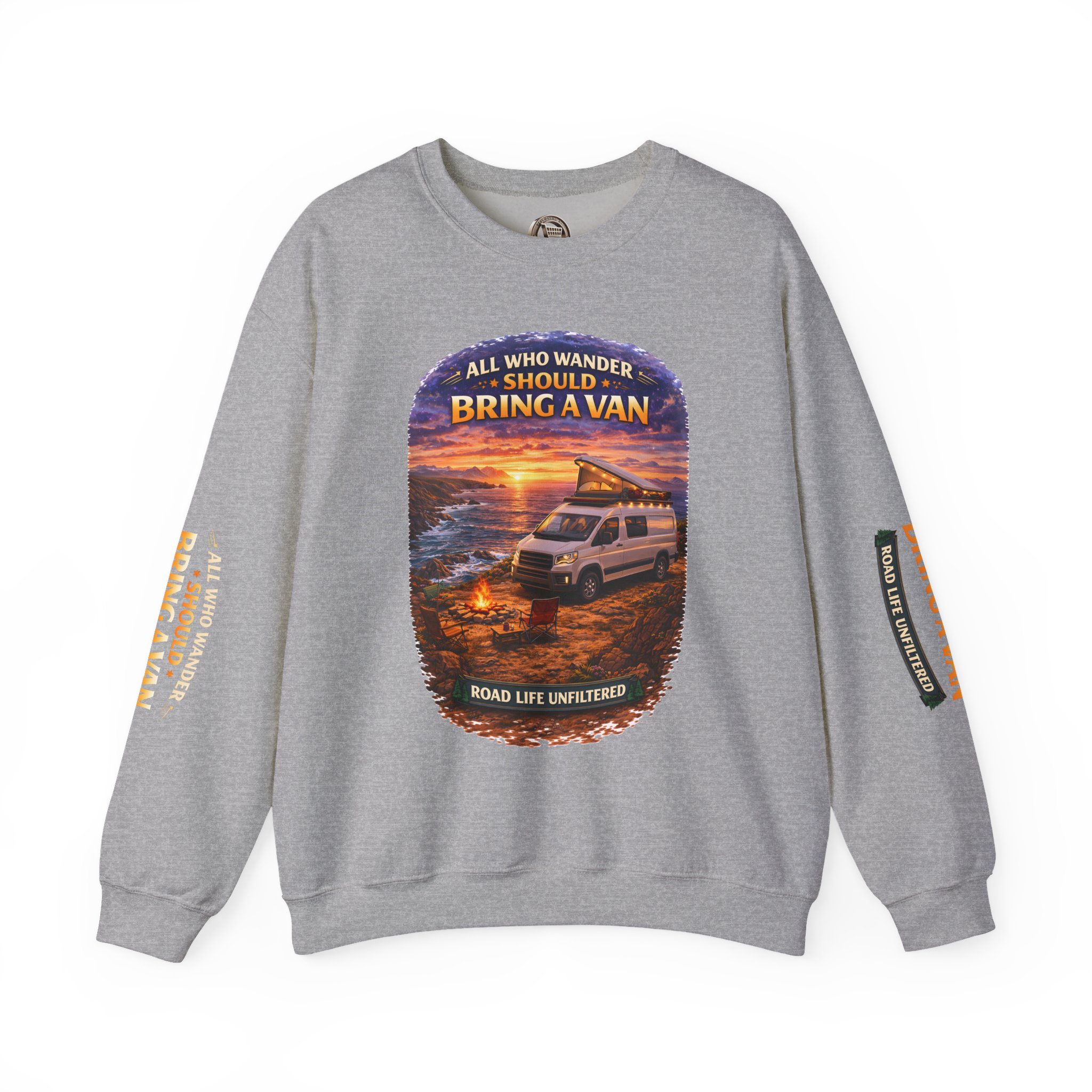 Unisex Heavy Blend™ Crewneck Sweatshirt — "All Who wander Should Bring A Van" Design Scenic-Line