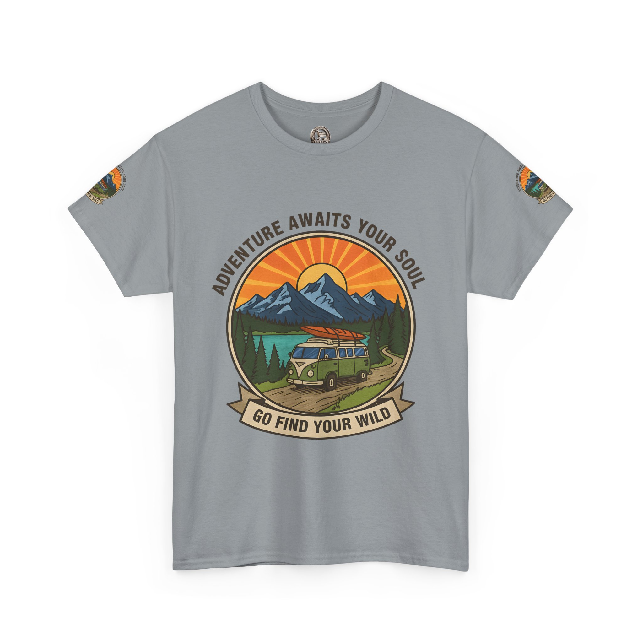 Unisex Heavy Cotton Tee — “Adventure Awaits Your Soul: Go Find Your Wild” Van & Mountain Graphic