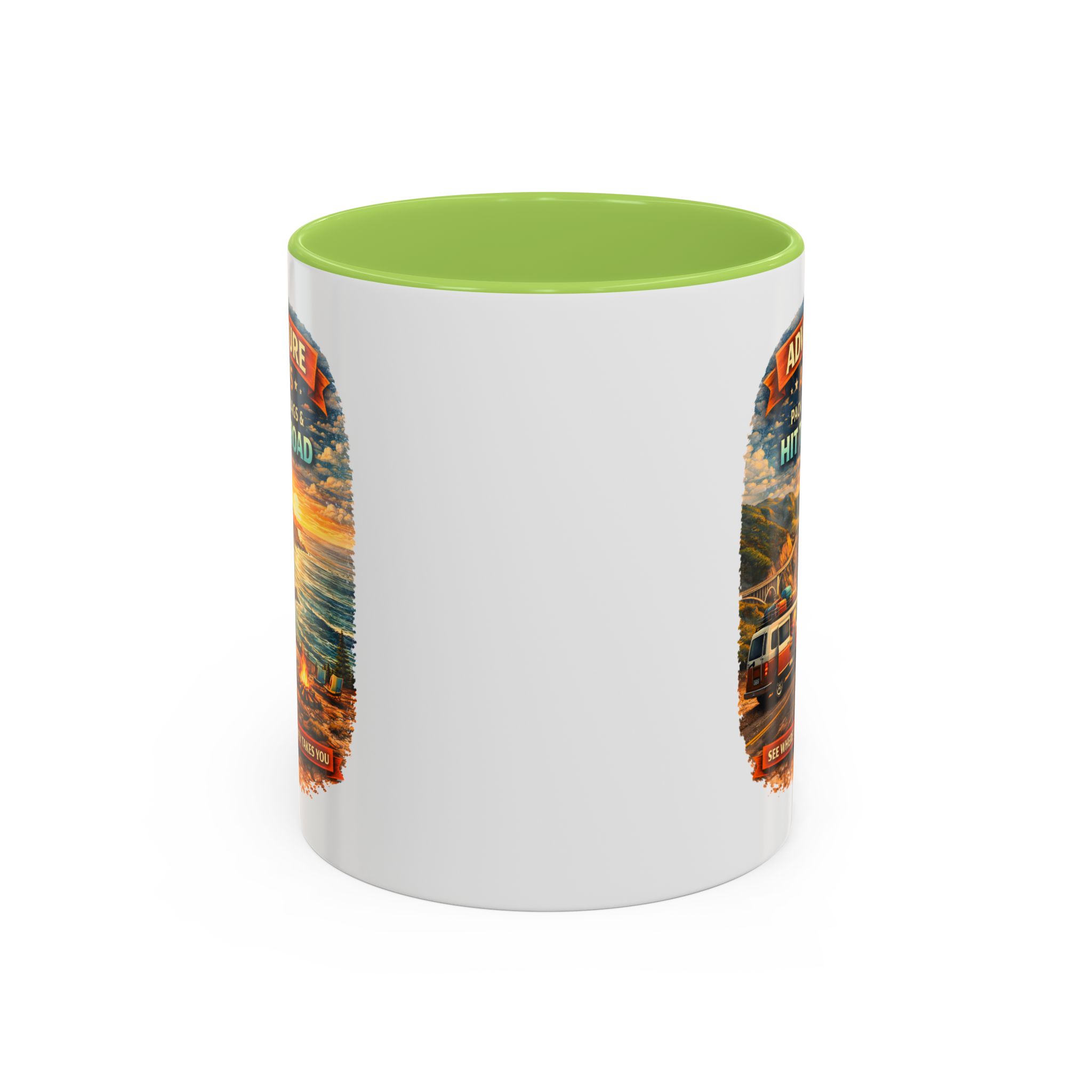 Accent Coffee Mug (11, 15oz) — "Adventure Awaits-Pack Your Bags" Design Scenic-Line