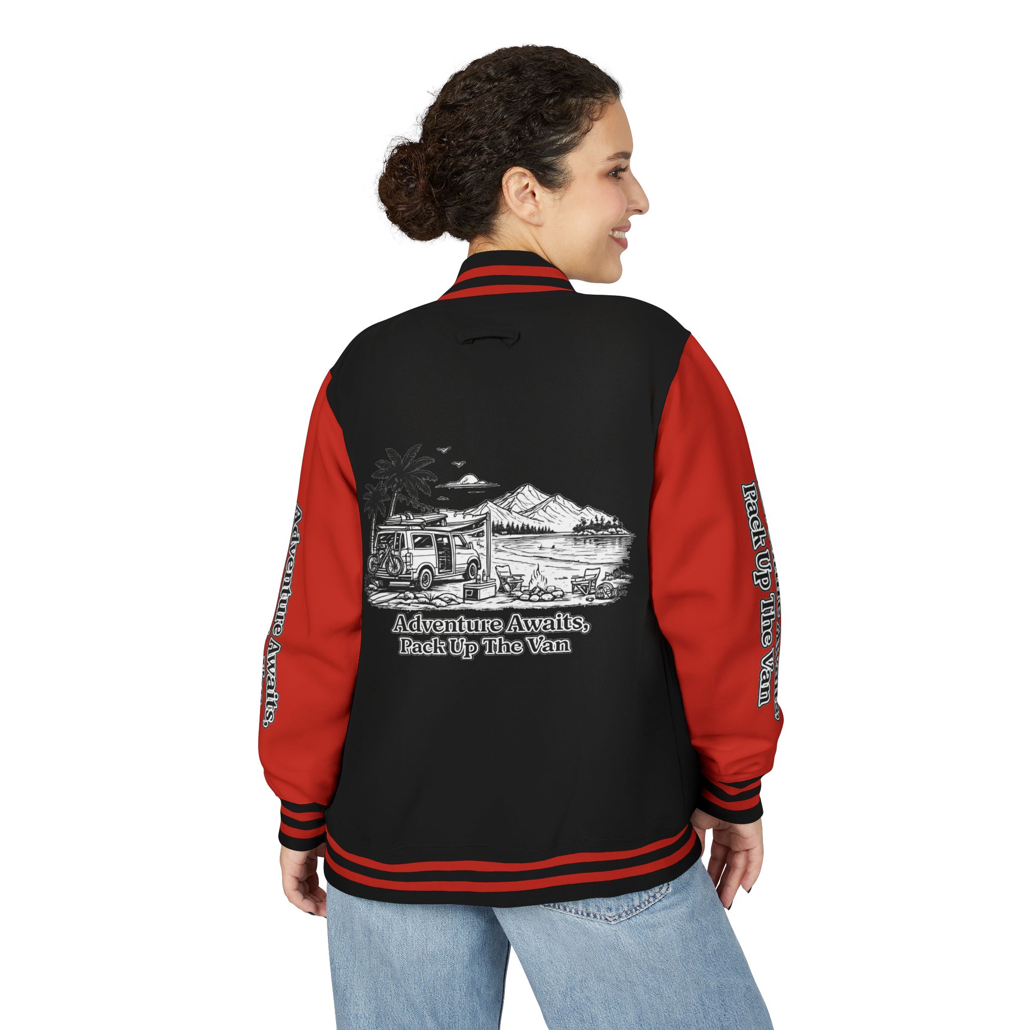 Unisex Heavyweight Letterman Jacket — "Adventure Awaits,Pack Up The Van" Travel Varsity Coat