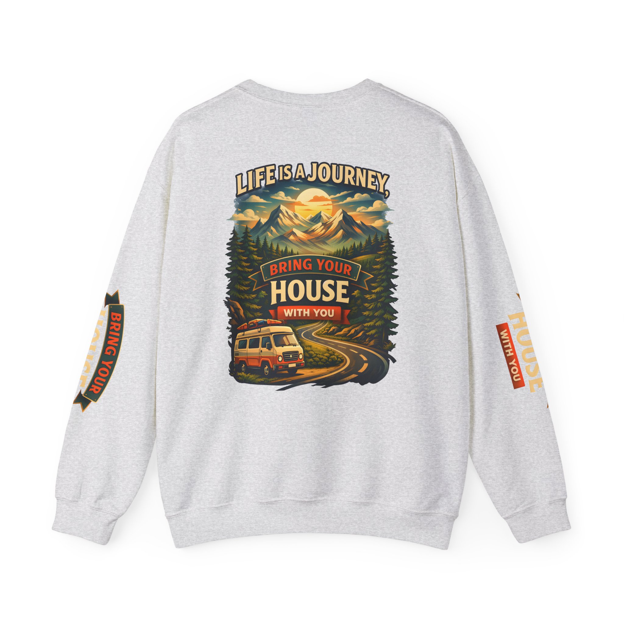 Unisex Heavy Blend™ Crewneck Sweatshirt — "Live Is A Journey-Bring Your House With You" Design Scenic-Line