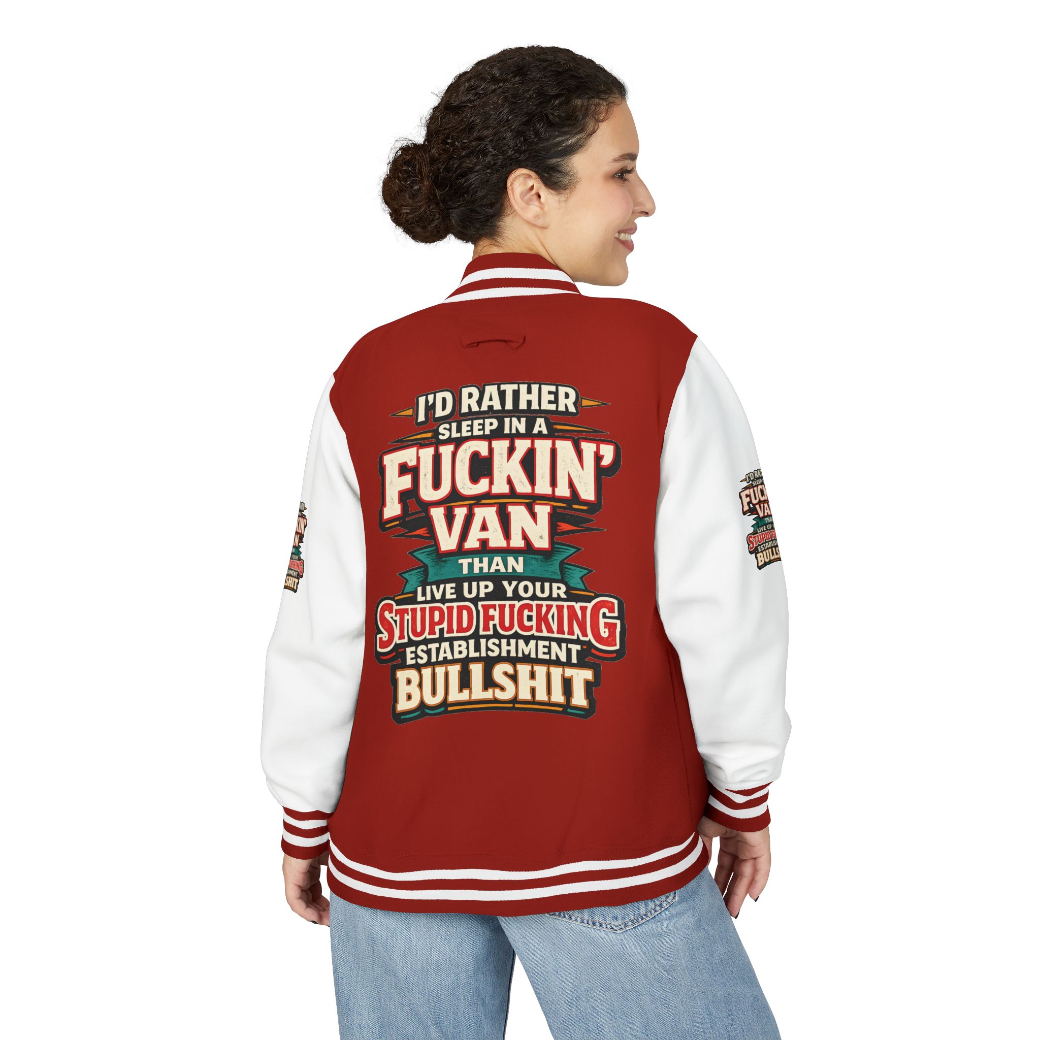 Unisex Heavyweight Letterman Jacket — "I´d Rather Sleep in A Fucking Van" Design F**K-Line