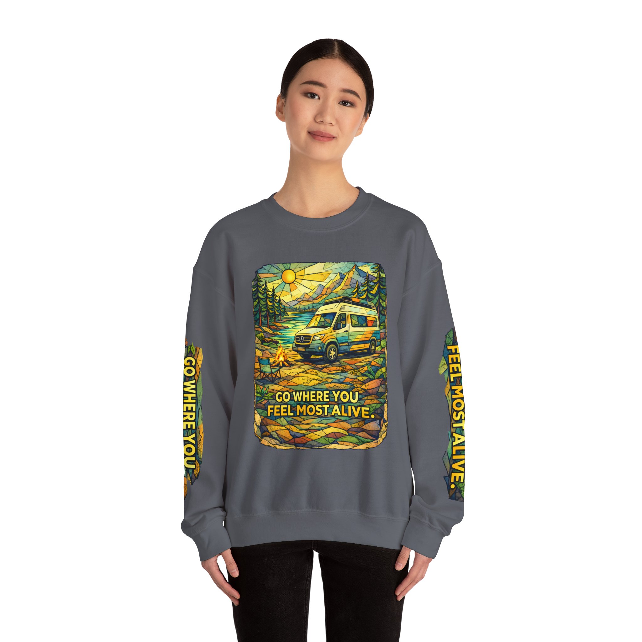 Unisex Heavy Blend™ Crewneck Sweatshirt — "Go Where You Feel Most Alive" Design Cubic-Line