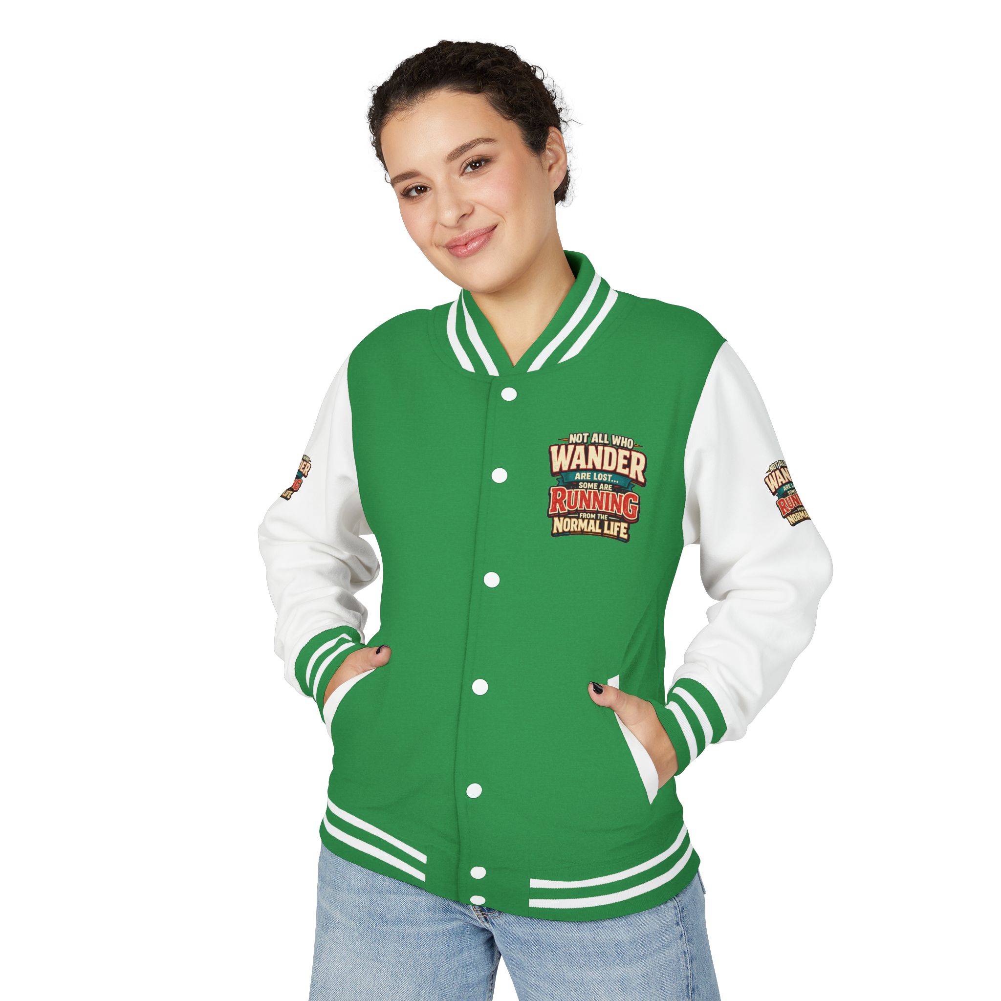 Unisex Heavyweight Letterman Jacket — "Not All Who Wander Are Lost" Design F**K-Line