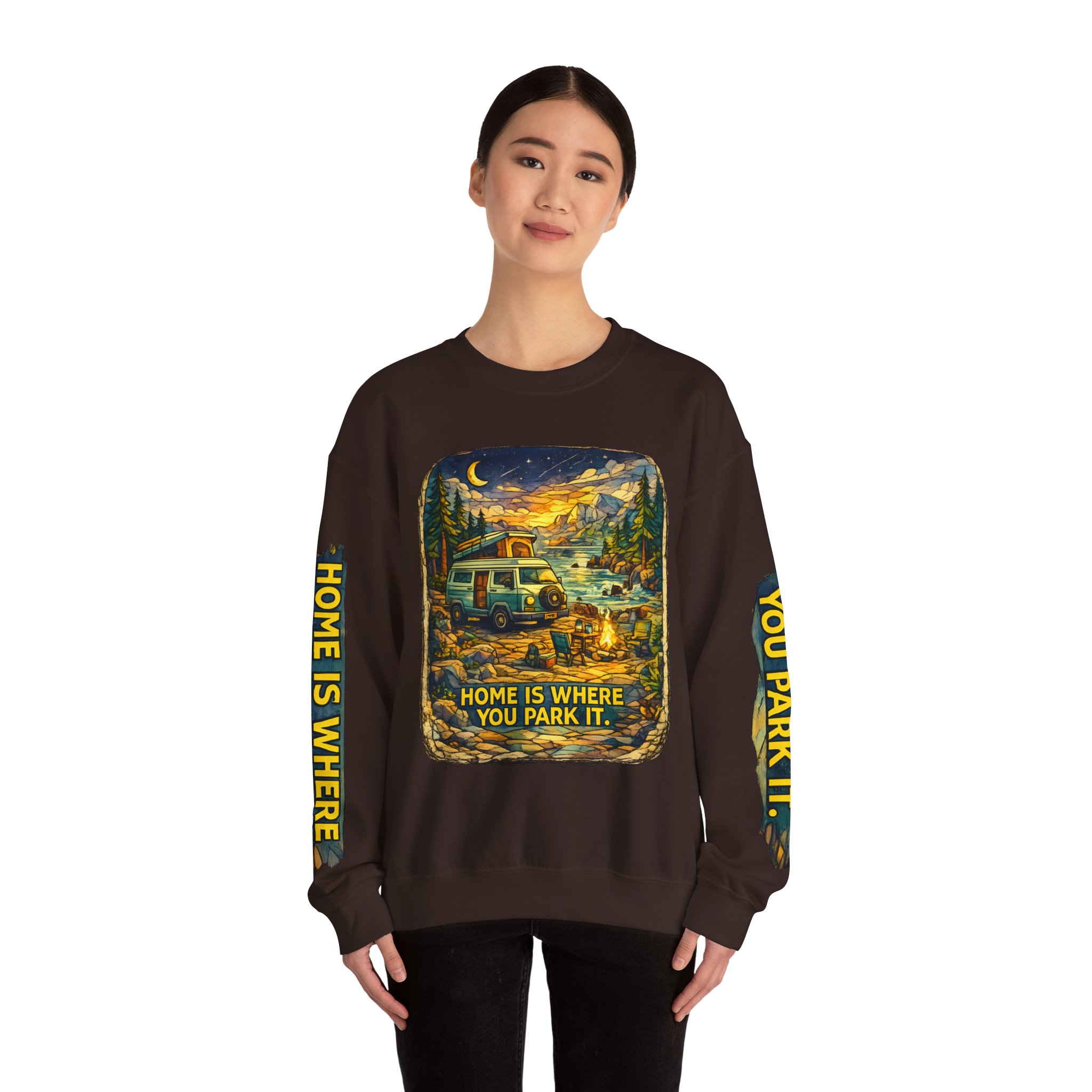 Unisex Heavy Blend™ Crewneck Sweatshirt — "Home Is Where You Park It" Design Cubic-Line