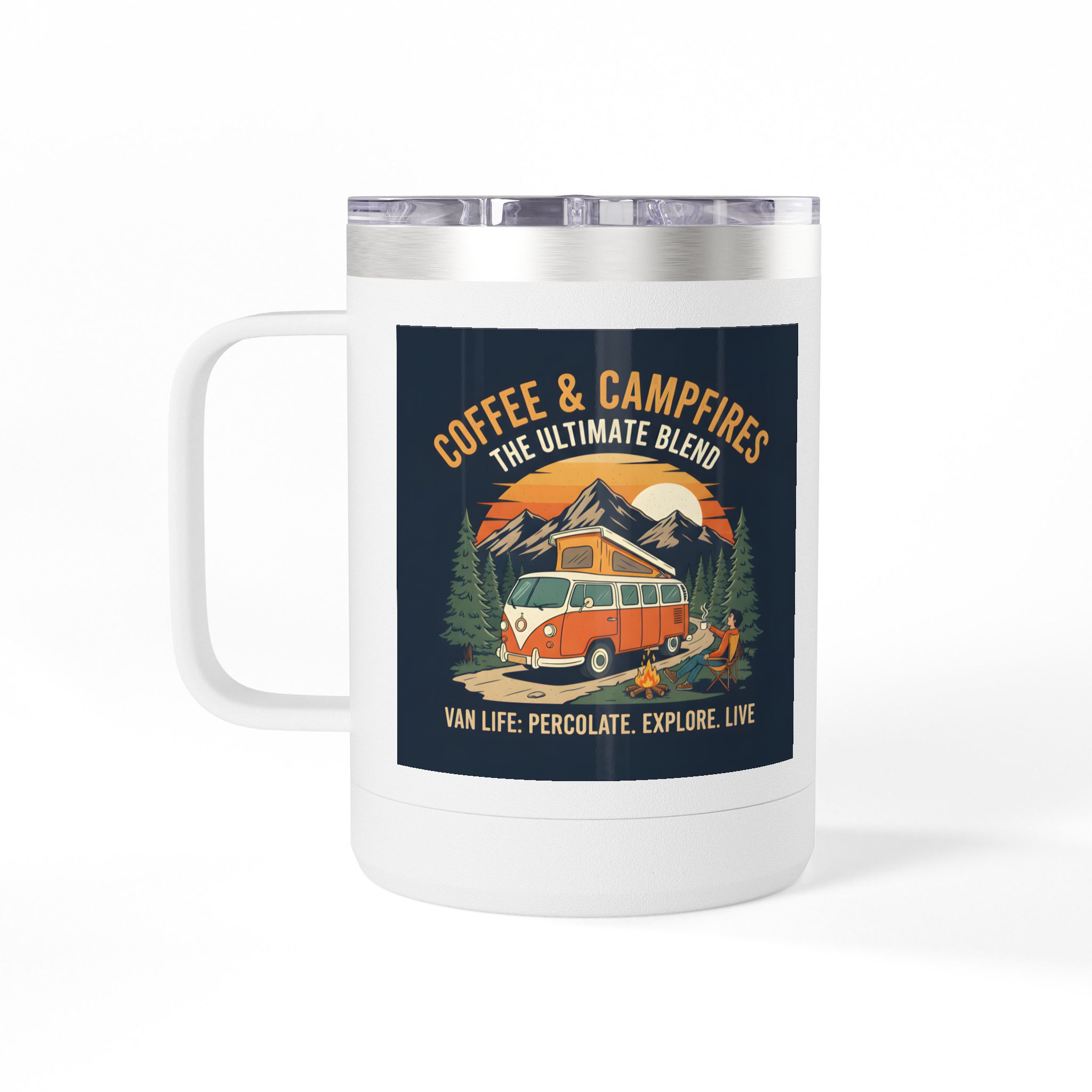 Coffee Mug Tumbler, 15oz — “Coffee & Campfires: The Ultimate Blend”
