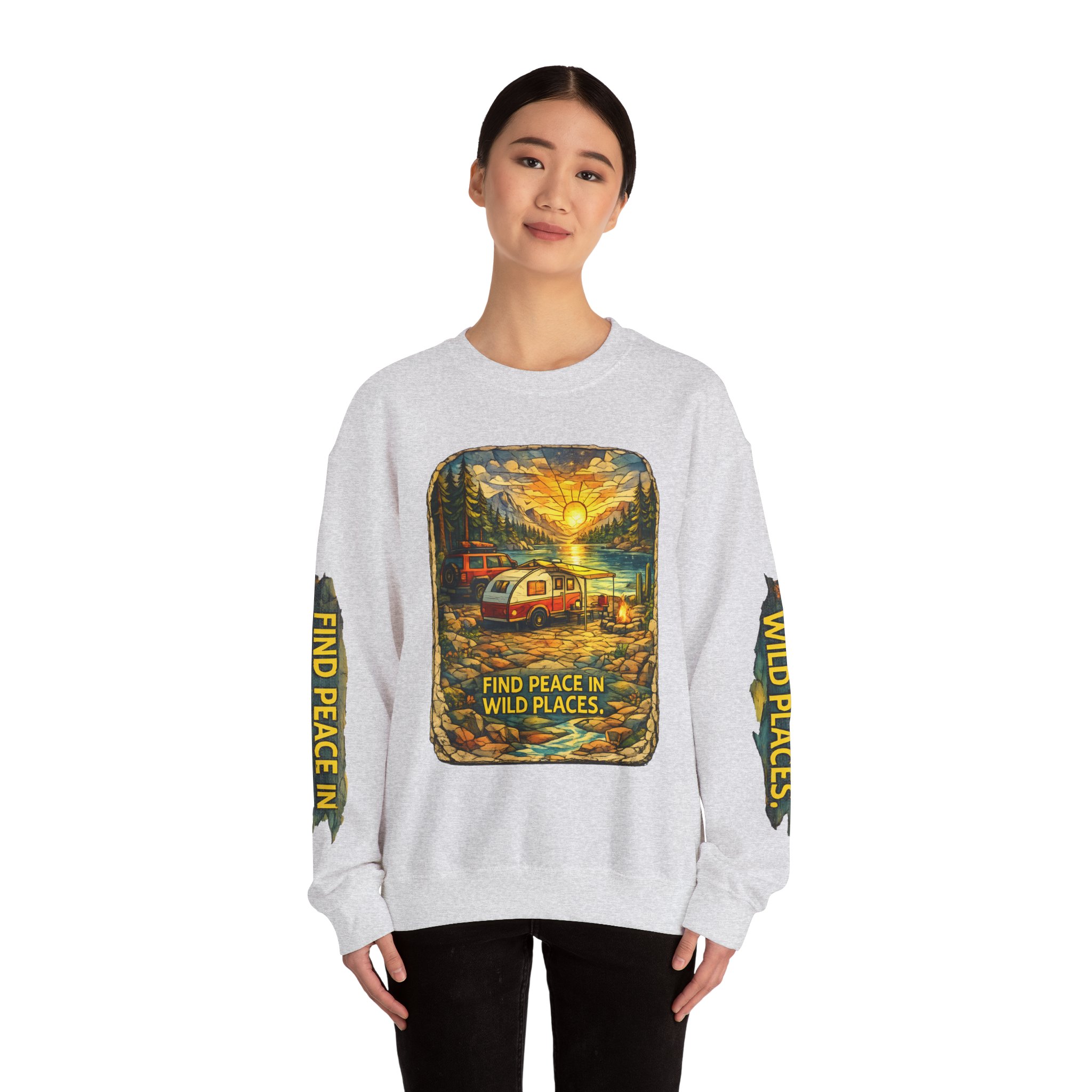 Unisex Heavy Blend™ Crewneck Sweatshirt — "Find Peace In Wild Places" Design Cubic-Line