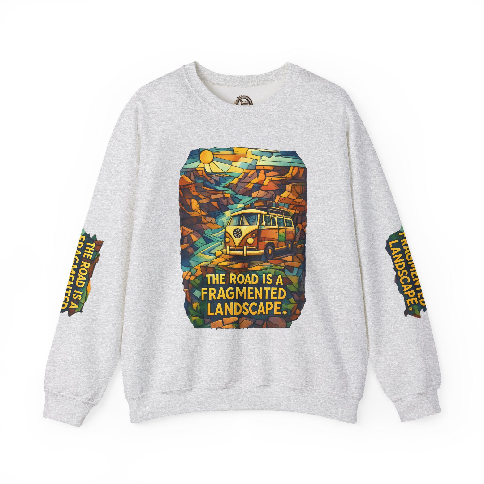 Unisex Heavy Blend™ Crewneck Sweatshirt — "The Road Is A Fragmented Landscape" Design Cubic-Line