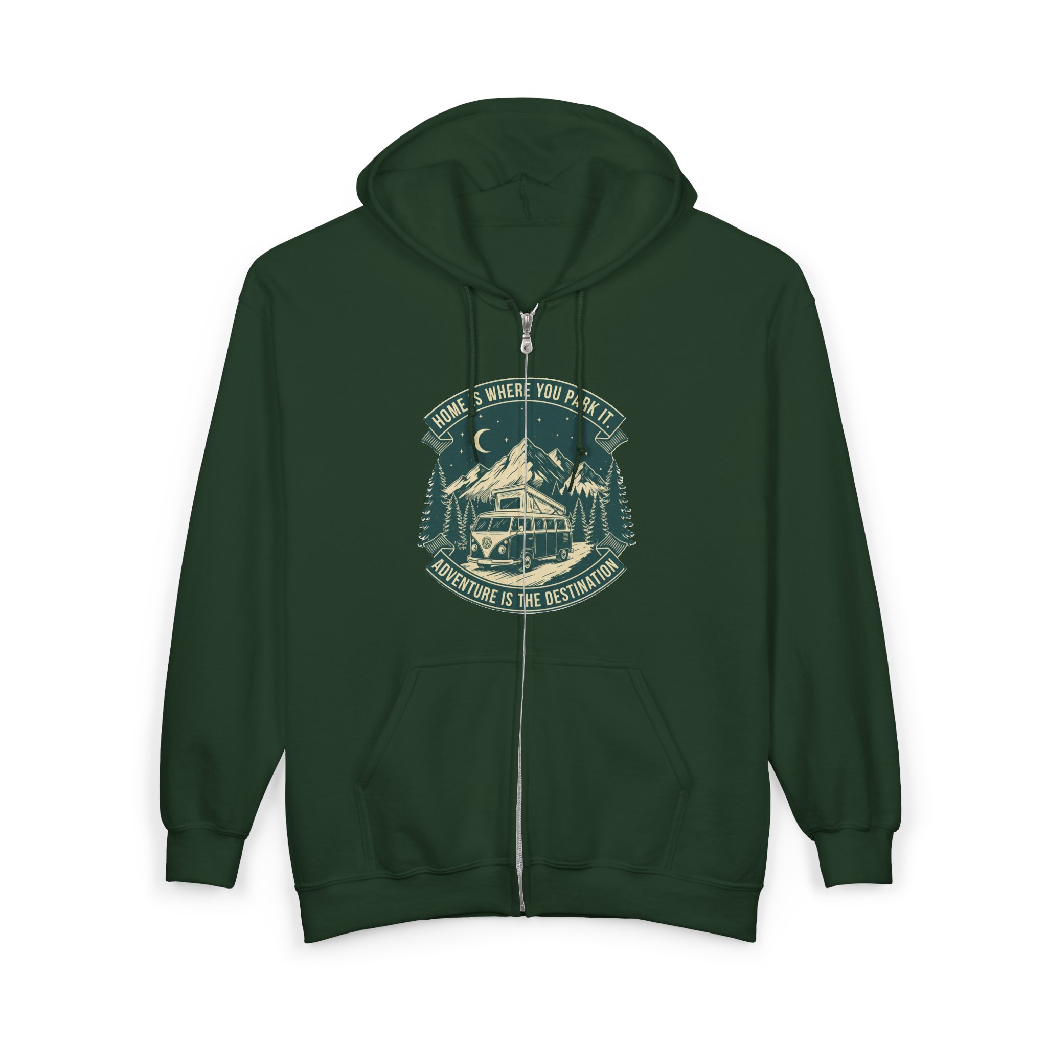 13283807268767598530_2048.jpeg Zip Hoodie — "Home Is Where You Park It-Adventure is the destination"(Front + Back Printed) Camper Van Adventure Zip-Up