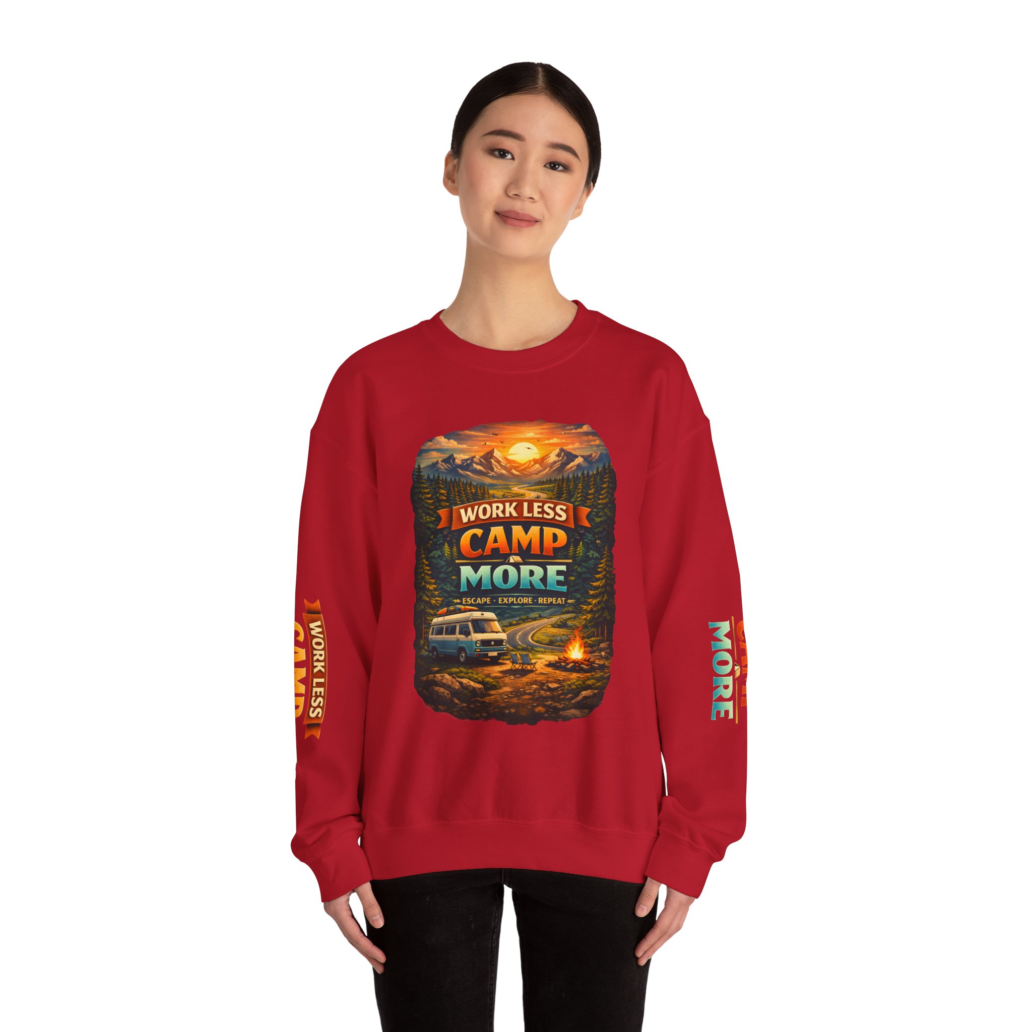 Unisex Heavy Blend™ Crewneck Sweatshirt — "Work Less-Camp More" Design Scenic-Line