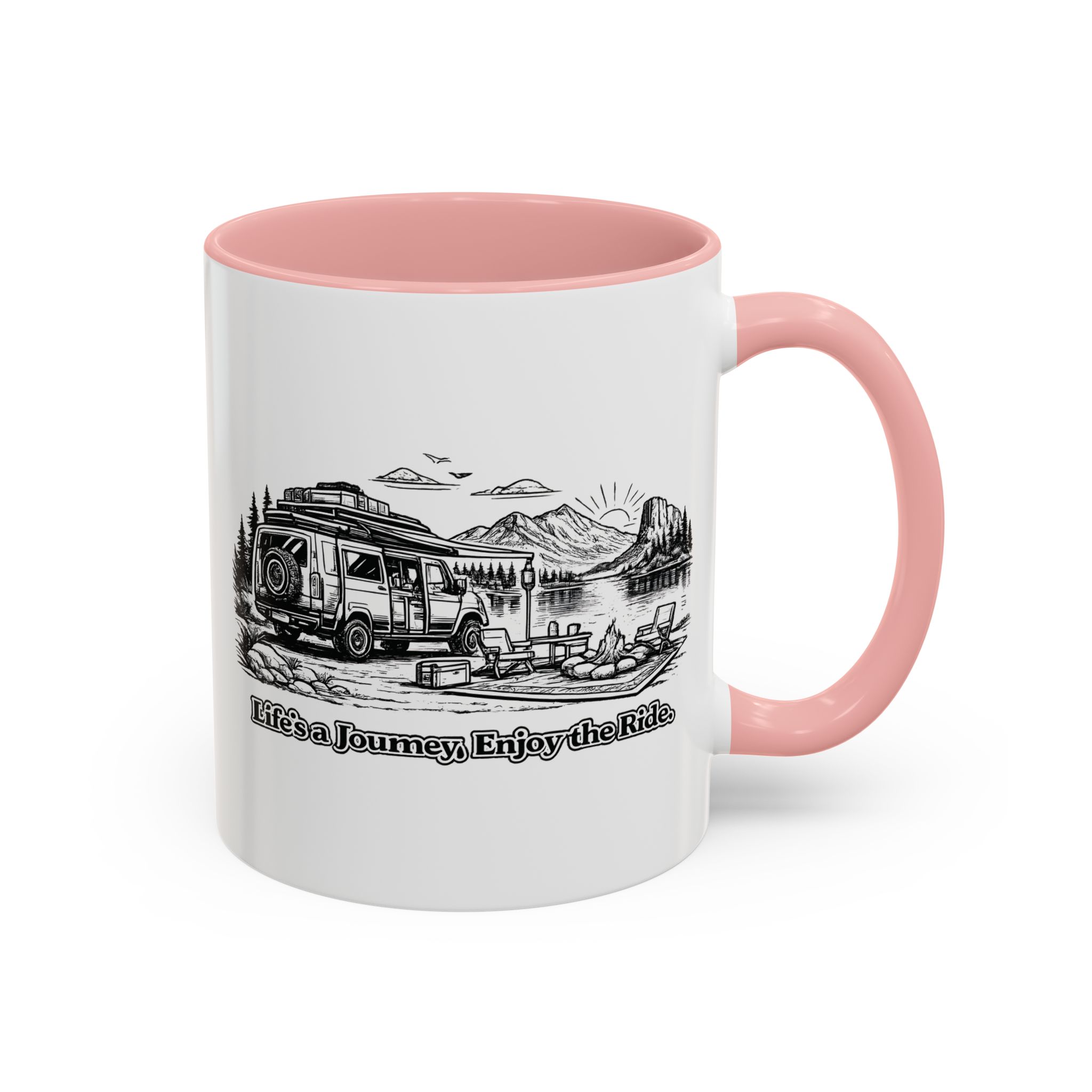 Accent Coffee Mug (11, 15oz) — "Lifes A Journey,Enjoy The Ride" Design Minimal-Line