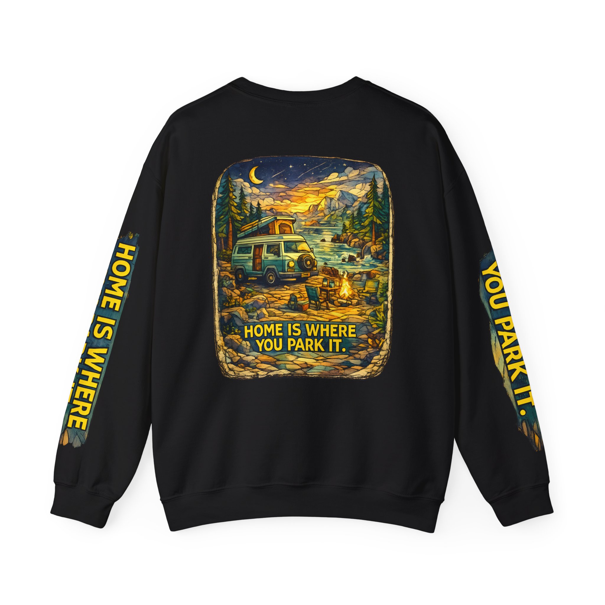 Unisex Heavy Blend™ Crewneck Sweatshirt — "Home Is Where You Park It" Design Cubic-Line