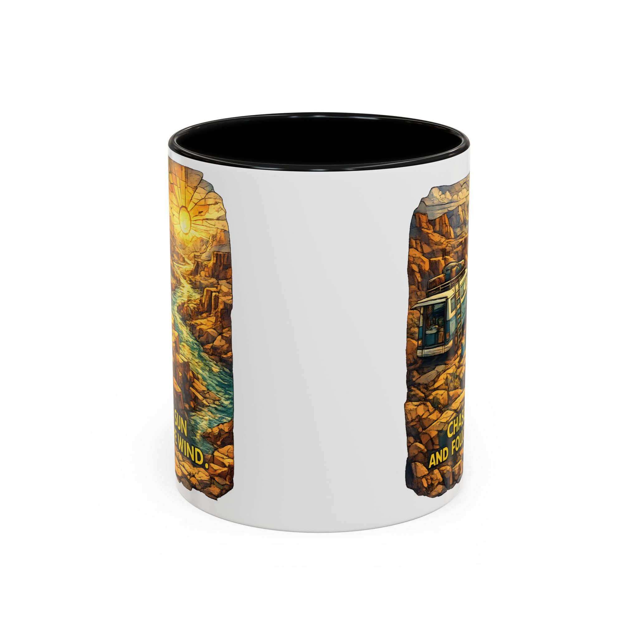 Accent Coffee Mug (11, 15oz) — "Chase The Sun And Follow The Wind" Design Cubic-Line