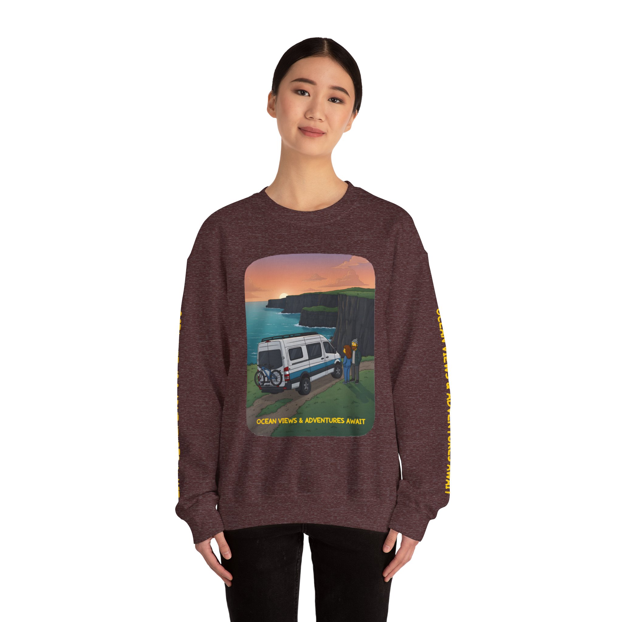 Unisex Heavy Blend™ Crewneck Sweatshirt — "Ocean Views-Adventures Awaits" Design Sitcom-Line