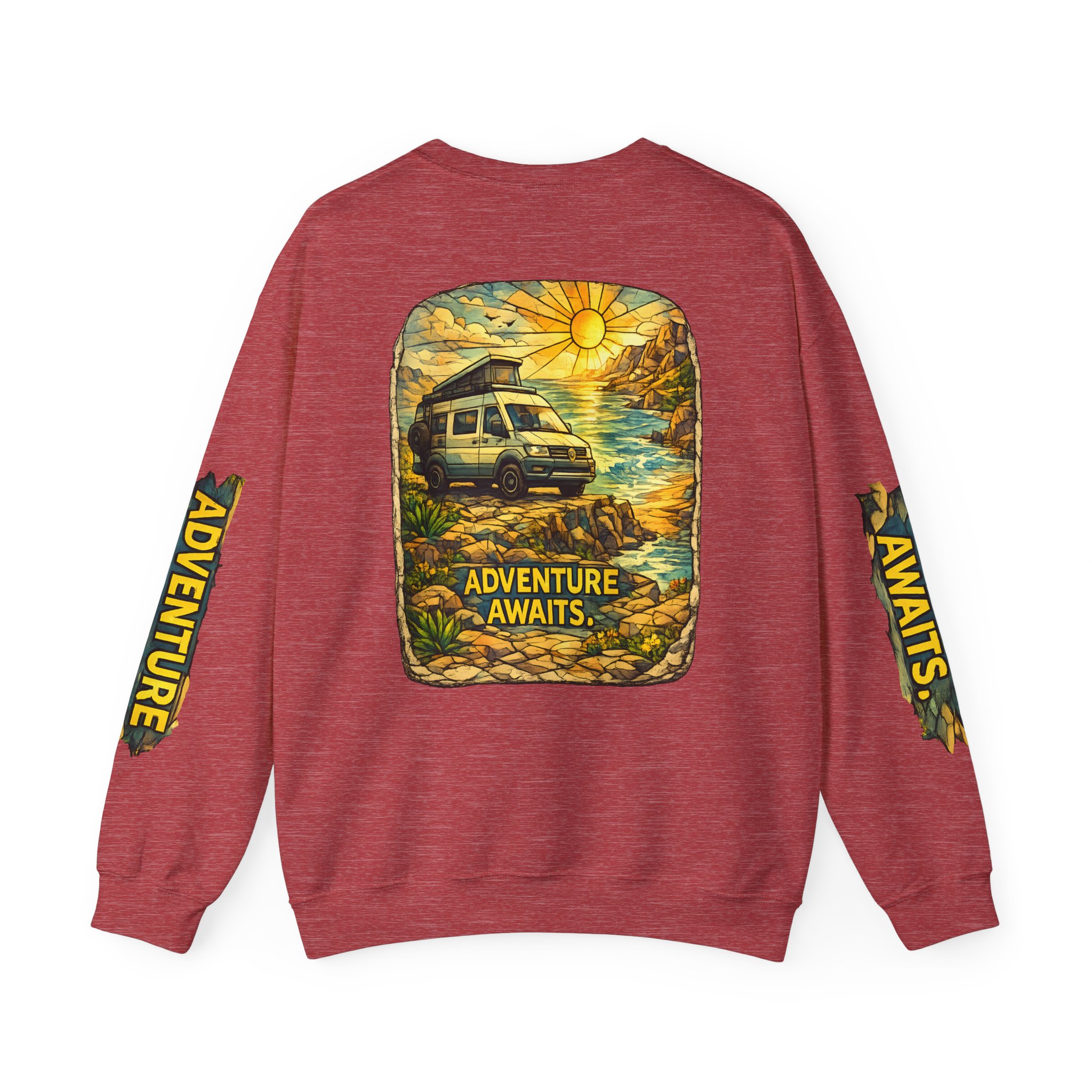Unisex Heavy Blend™ Crewneck Sweatshirt — "Adventure Awaits" Design Cubic-Line