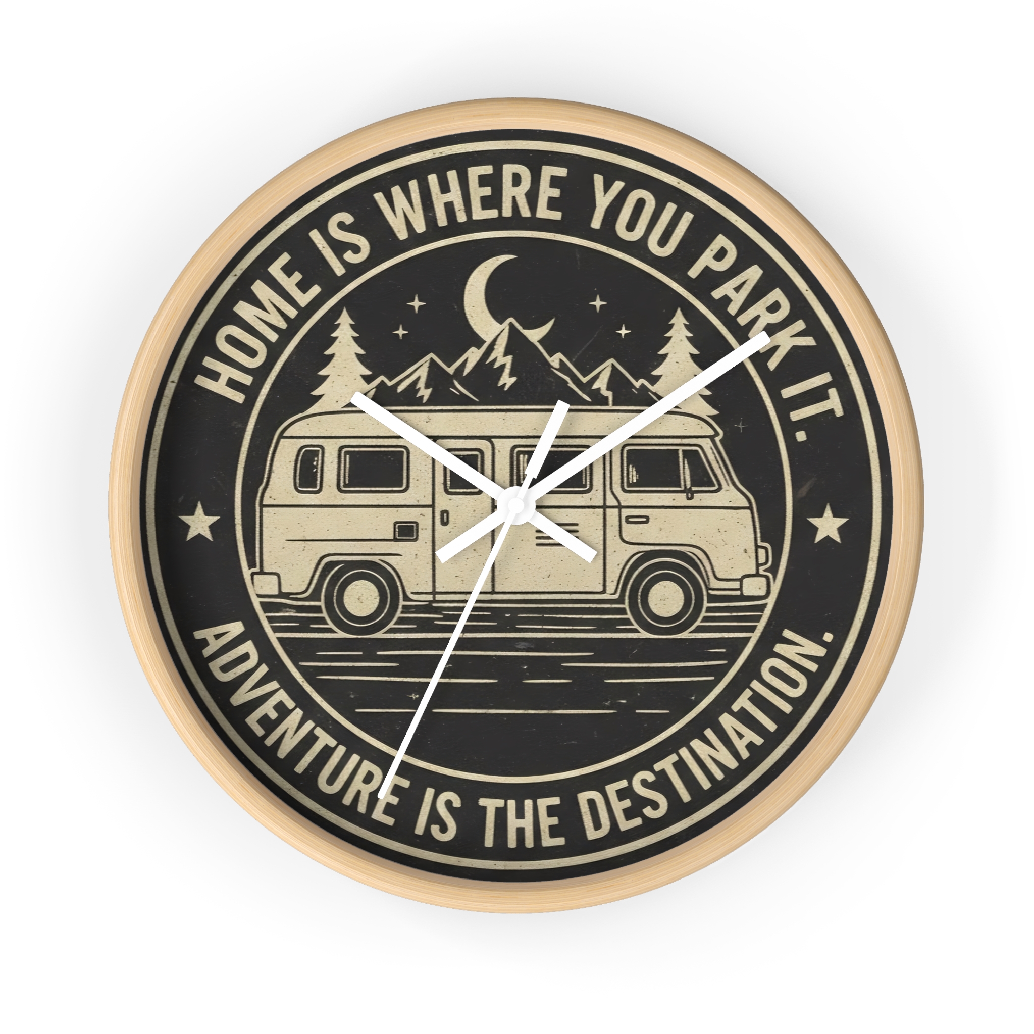 Wall Clock — "Home Is Where You Park It-Adventure is the destination" Camper Van Mountain Travel Timepiece