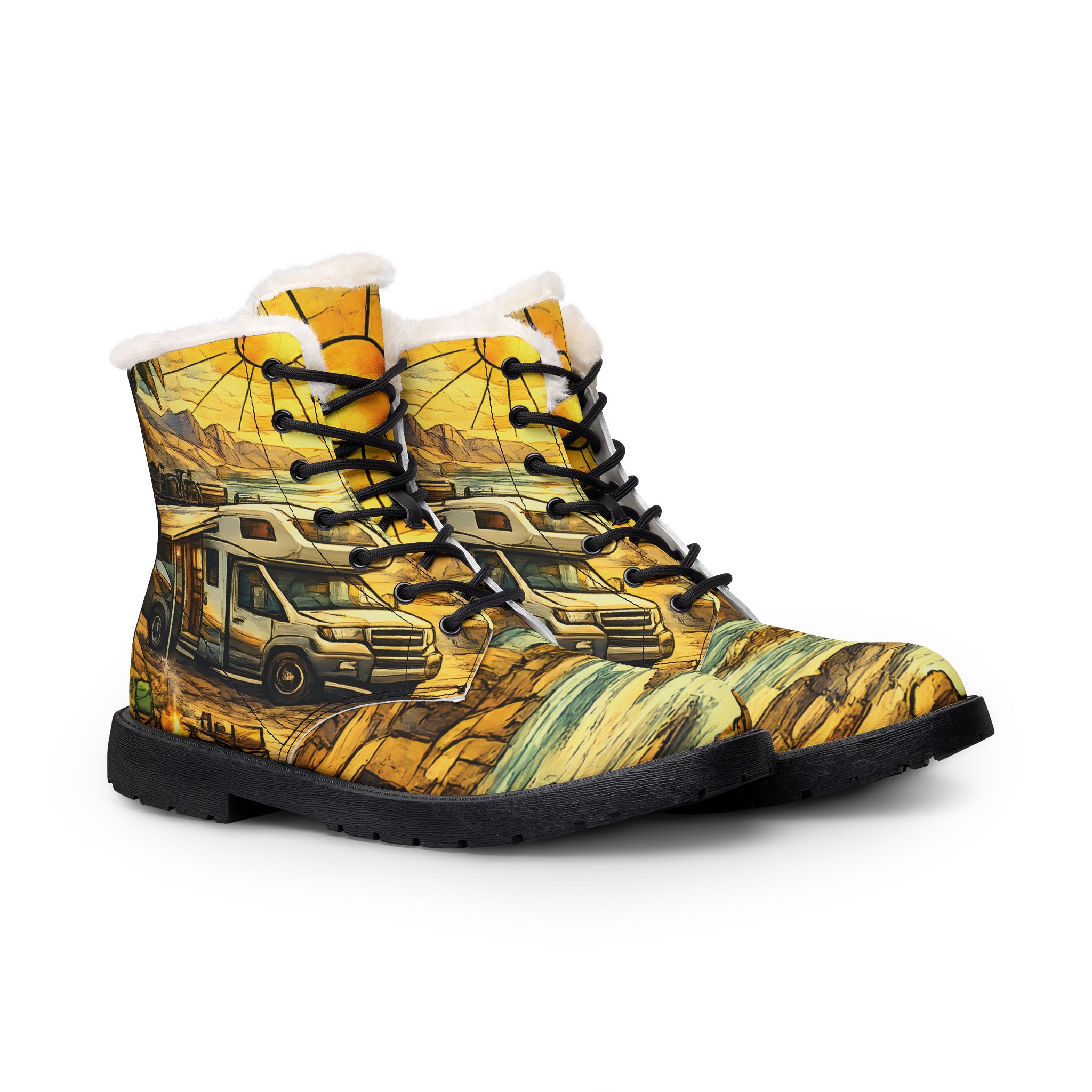 Women's Fur and Leather Boots — ford camper Boots (Cubic-Line)