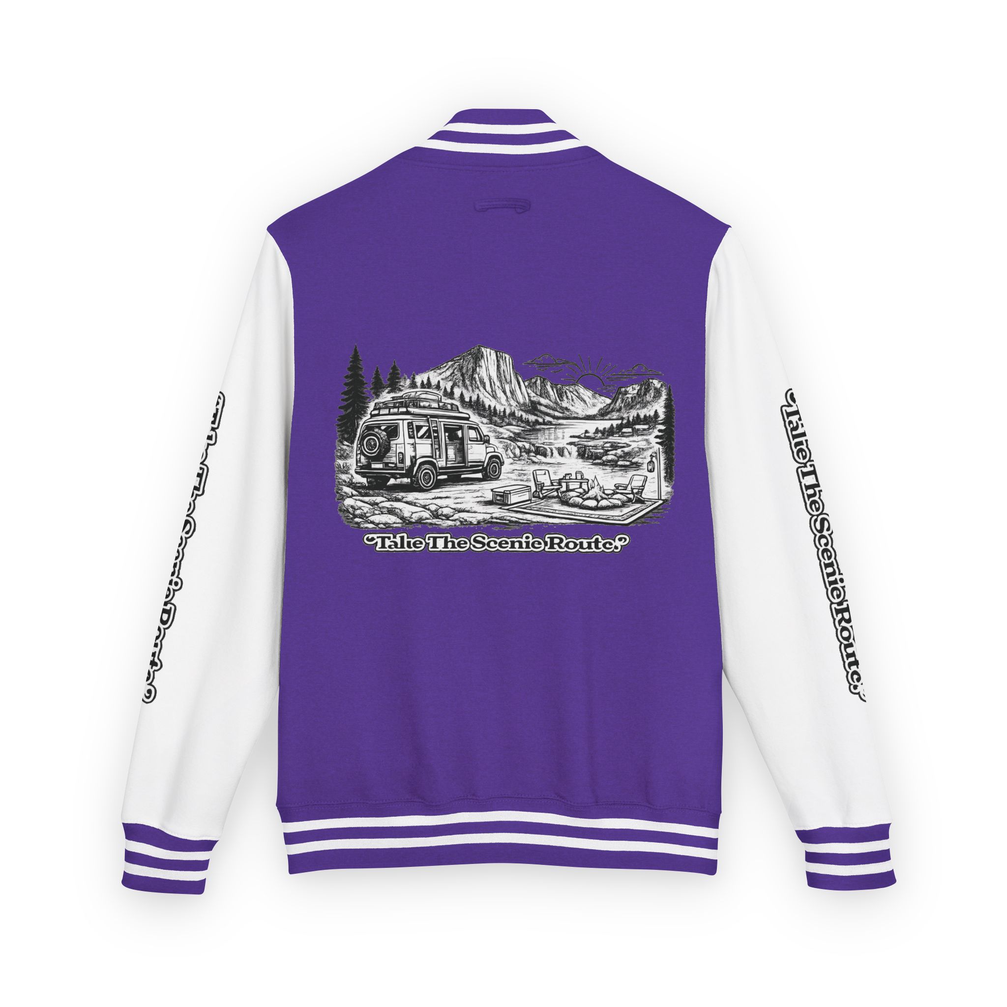 Unisex Heavyweight Letterman Jacket — "Take The Scenic Route" Travel Varsity Coat