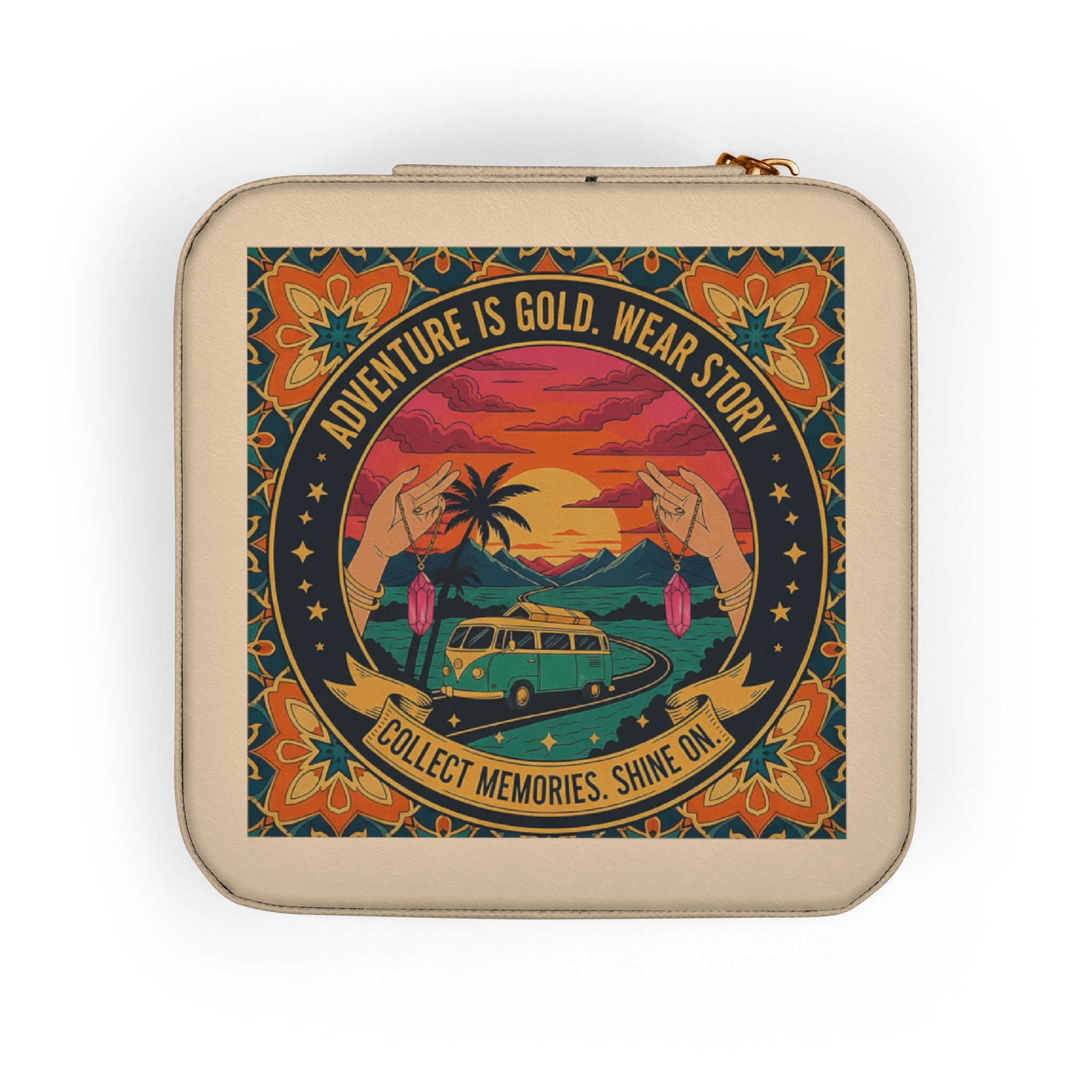 Retro Sunset Jewelry Travel Case — Compact Organizer for Rings, Earrings & Necklaces