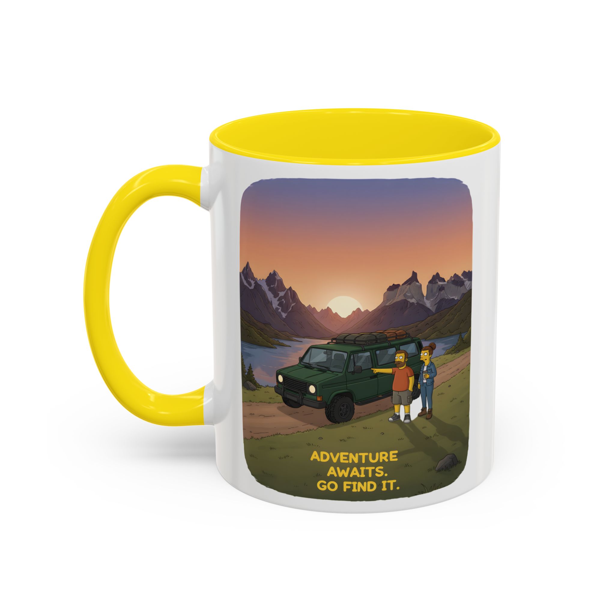 Accent Coffee Mug (11, 15oz) — "Adventure Awaits-Go Find It" Design Sitcom-Line