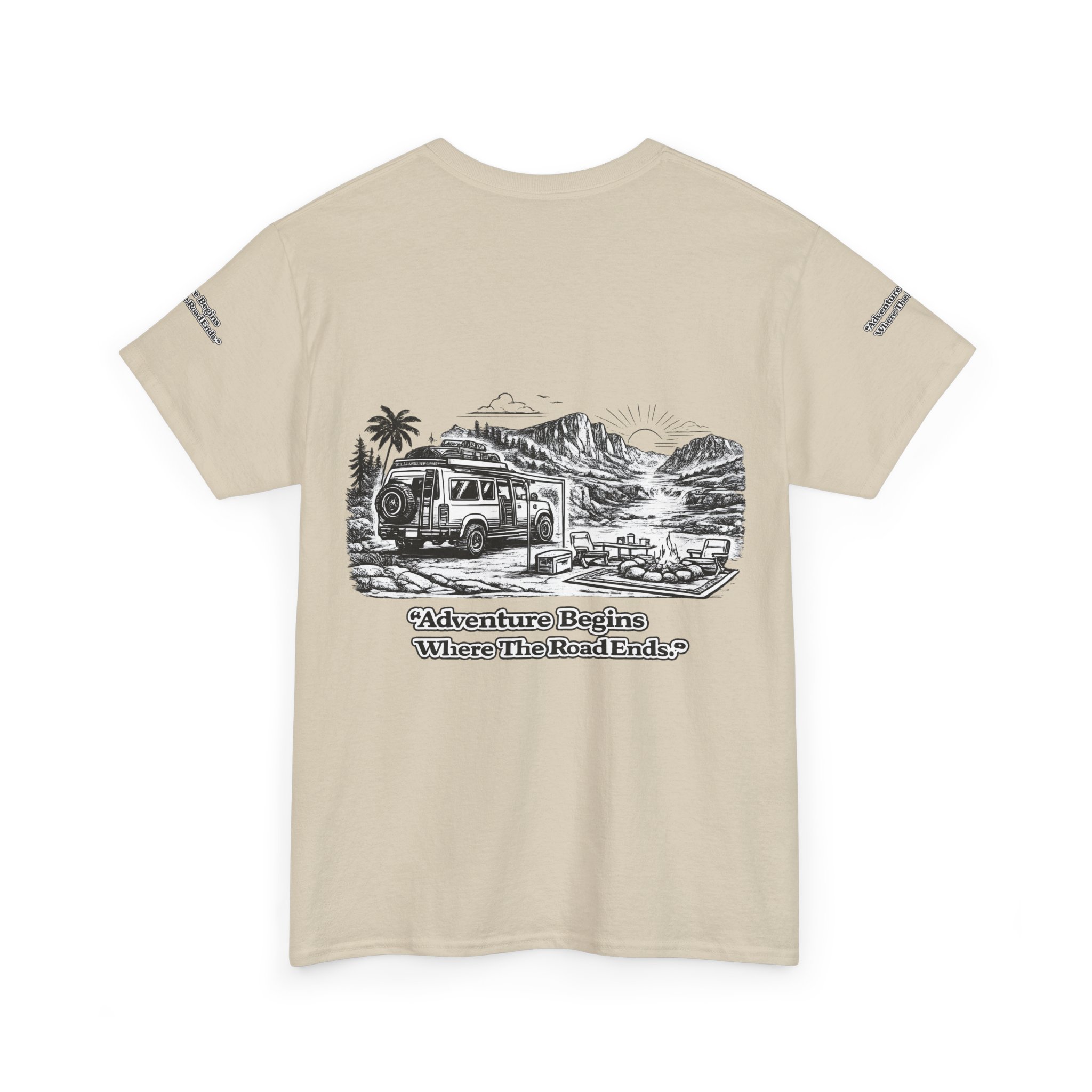Unisex Heavy Cotton Tee — "Adventure Begins Where The Road Ends" Design Minimal-Line