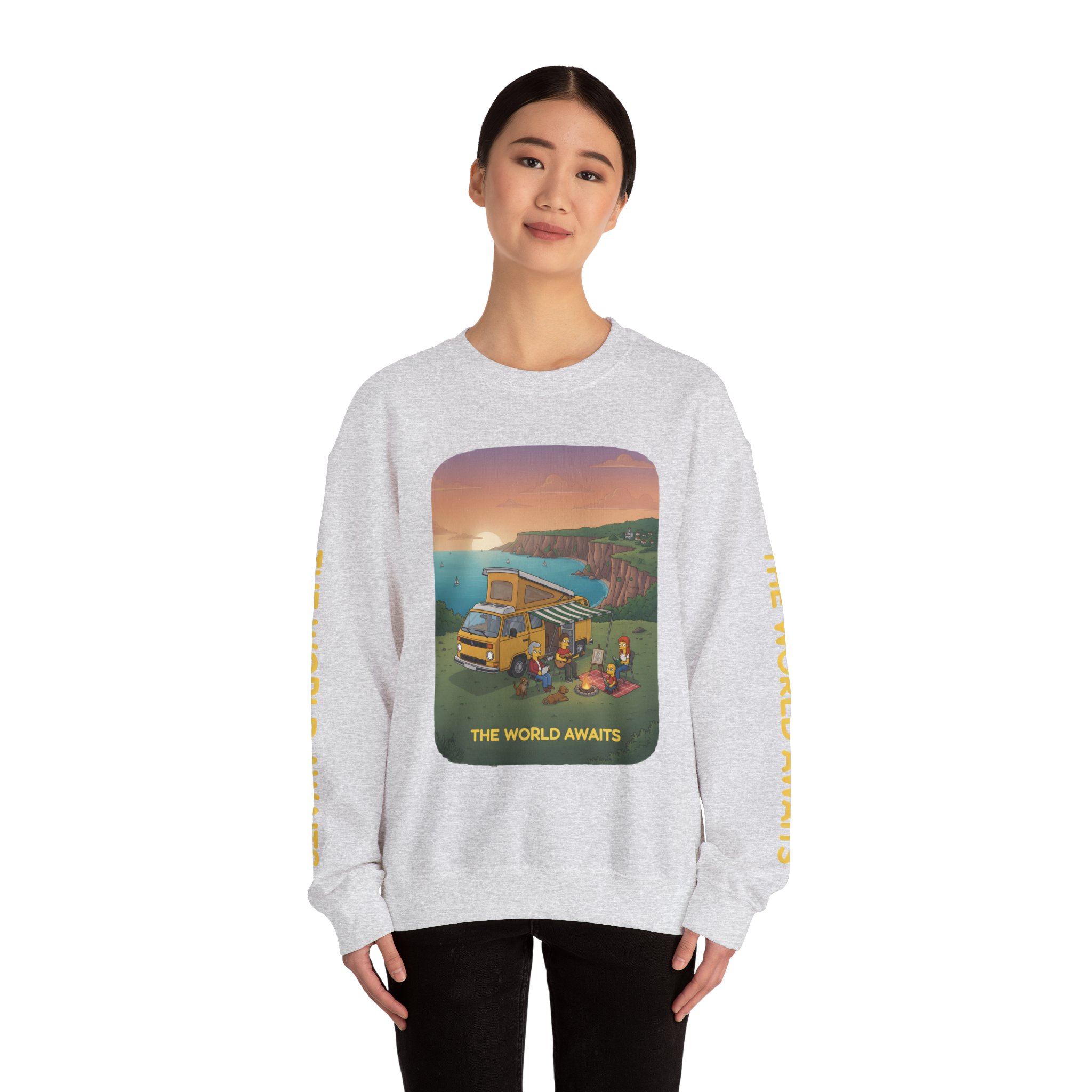Unisex Heavy Blend™ Crewneck Sweatshirt — "The World Awaits" Design Sitcom-Line